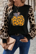 Khaki Leopard Sleeve Pumpkin Print Graphic Knit Top