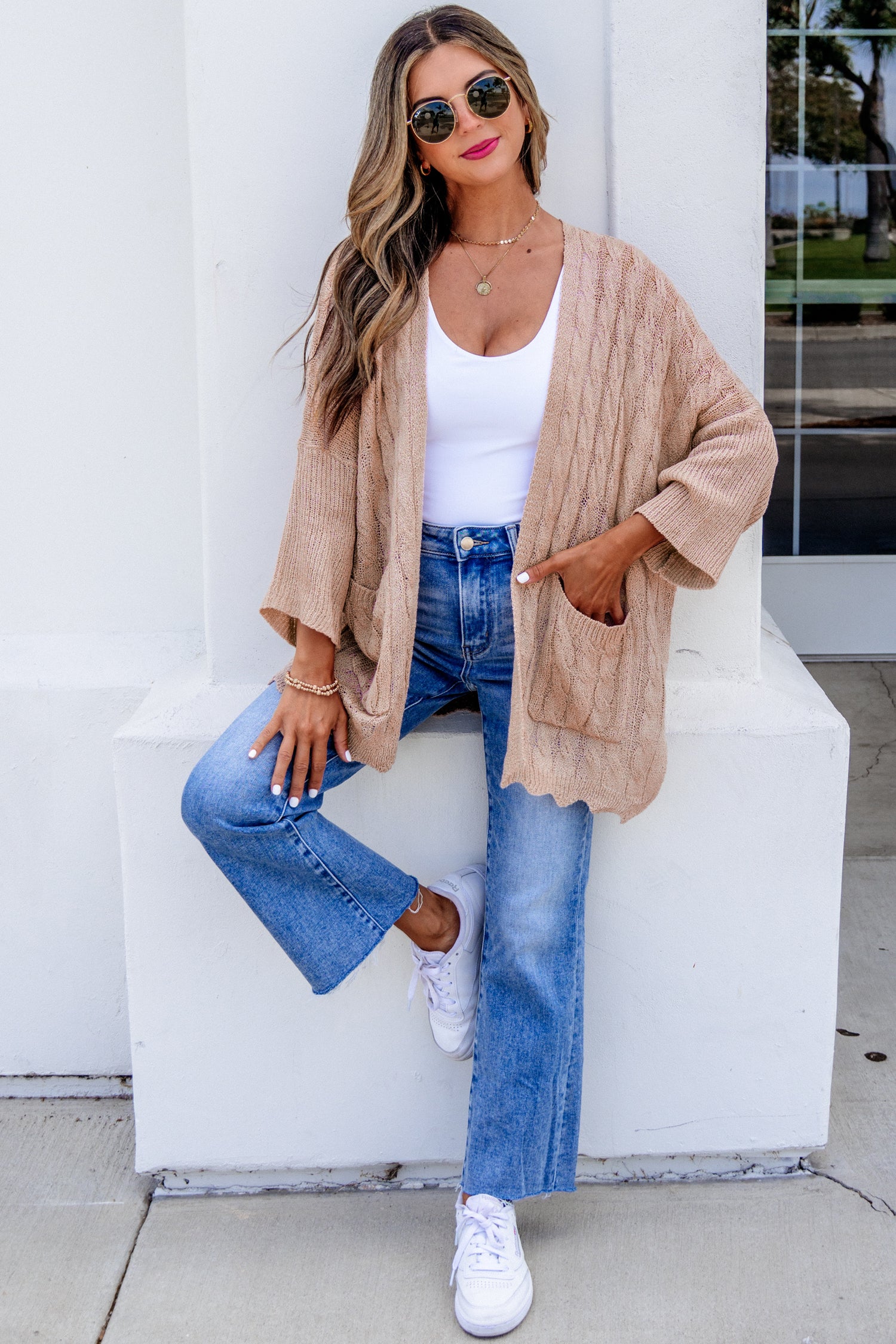 Old Rose Hollowed Pattern Knit Drop Shoulder Open Sweater Cardigan 🇺🇸
