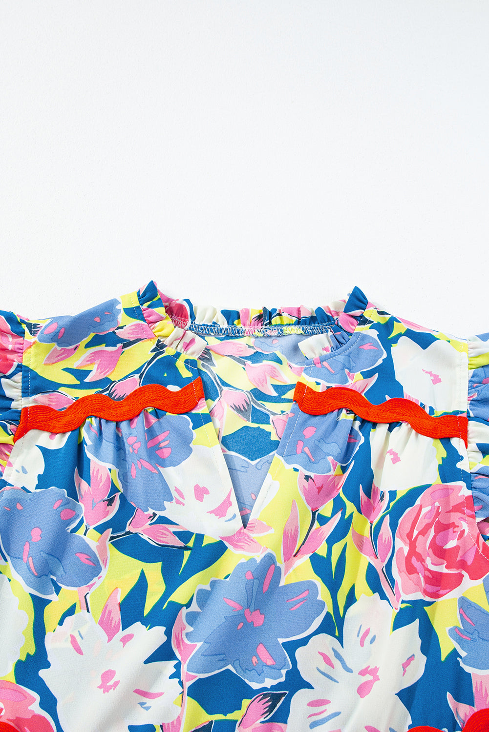 Sky Blue Floral Printed V Notched Ric Rac Flutter Sleeve Dress 🇺🇸