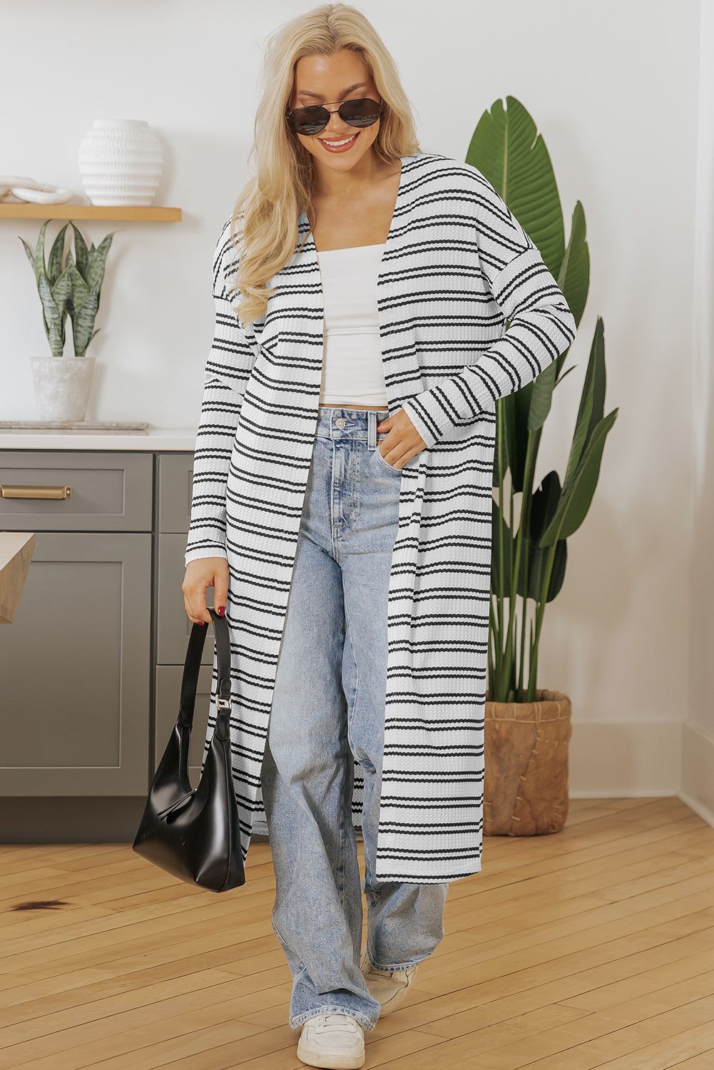 Black Stripe Print Open Front Duster Cardigan 🇺🇲