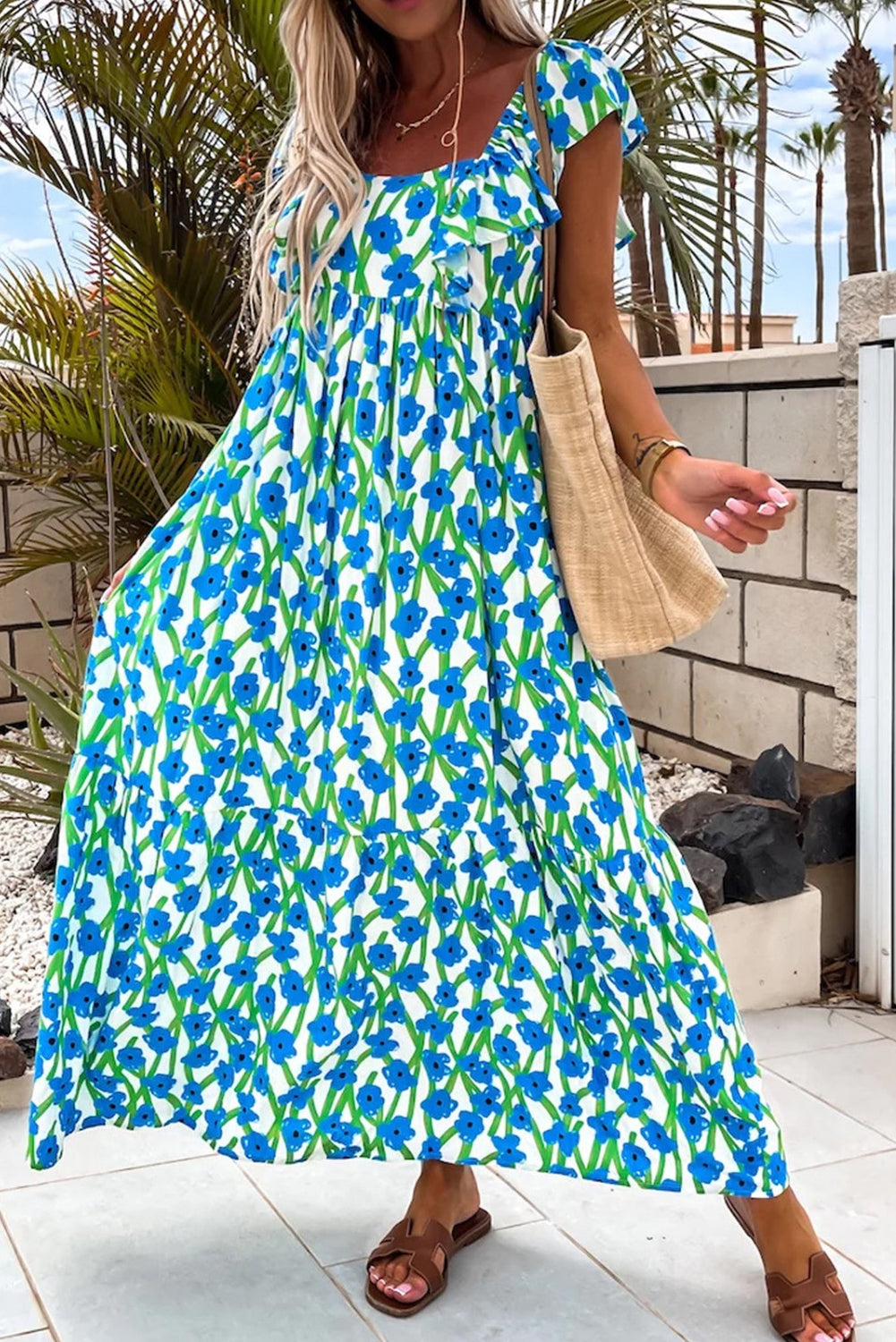 Blue Floral Print Square Neck Ruffled Strap Maxi Dress 🇨🇳