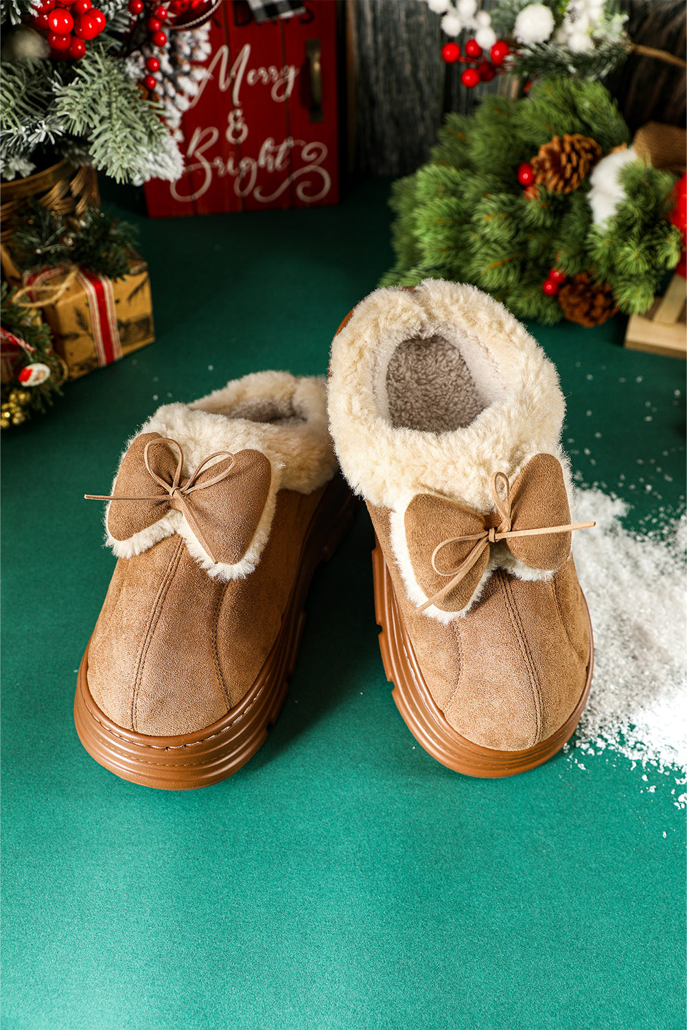 Straw Yellow Cozy Faux Fur Lined Bow Decor Clog Slippers 🇺🇸