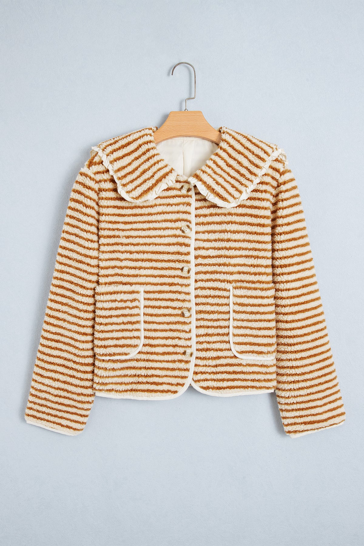 Brown Stripe Striped Fleece Button Front Long Sleeve Regular Fit Jacket 🇺🇸