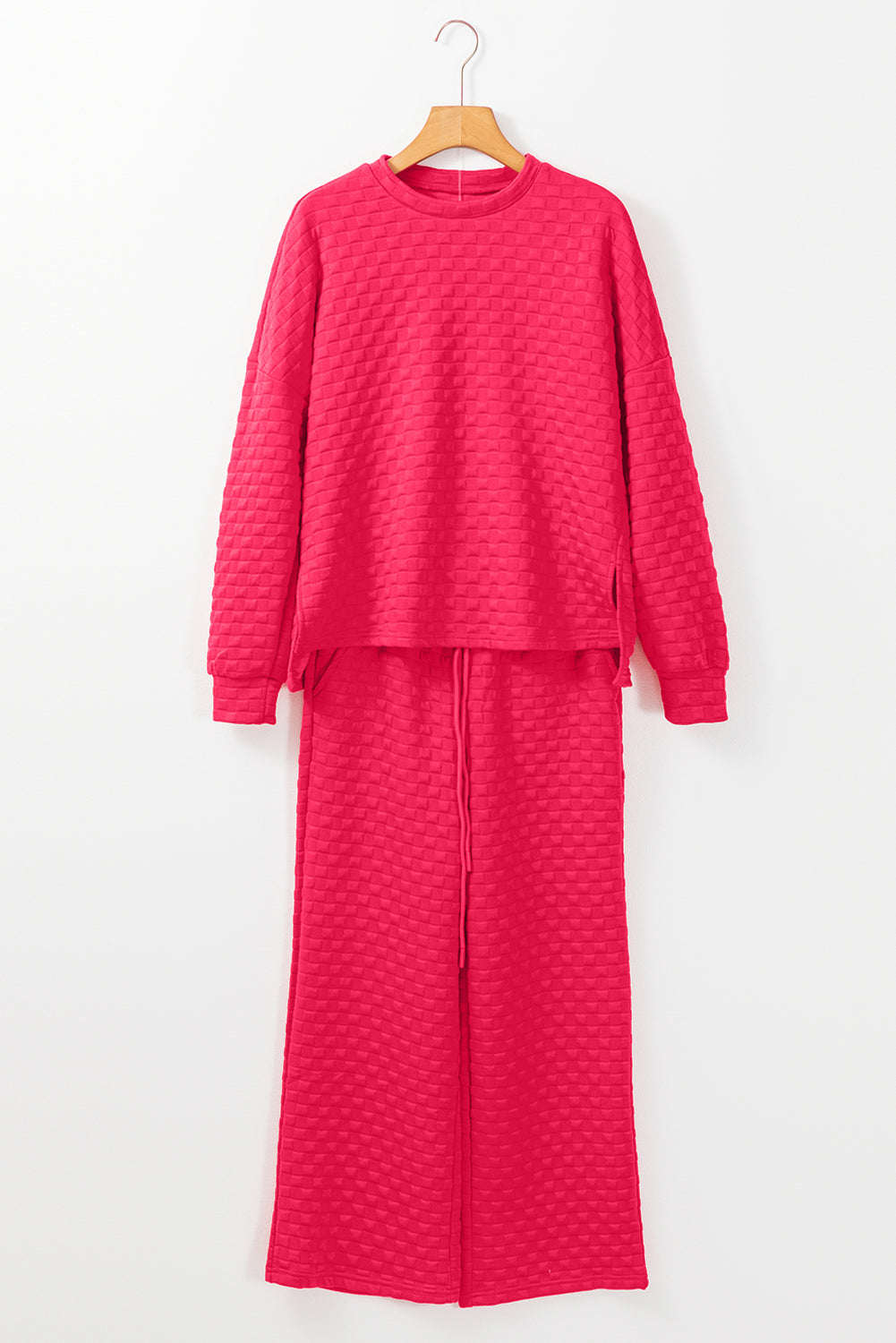 Strawberry Pink Checkered Textured Split Pullover Top and Pants Set 🇺🇸