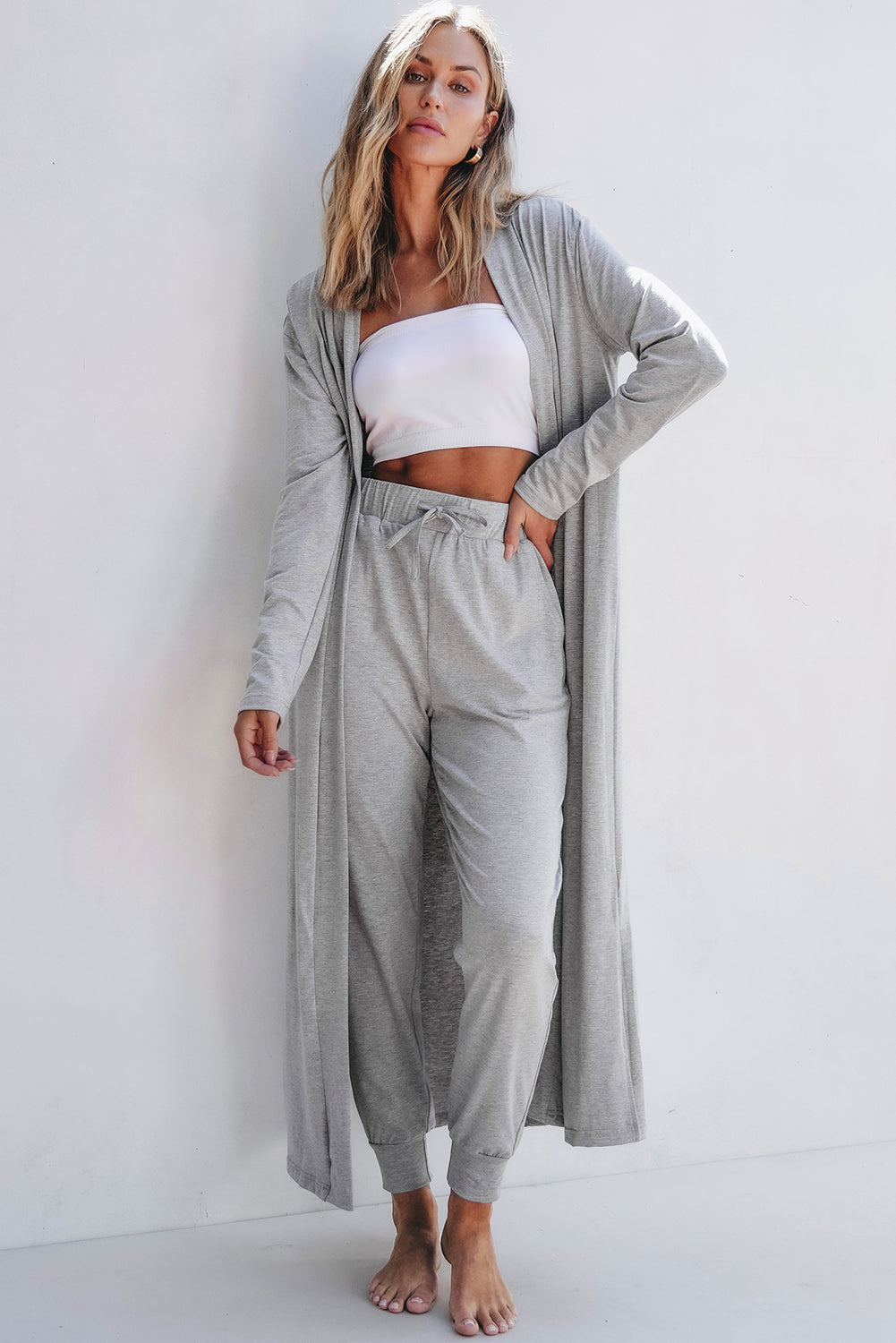 Light Grey Split Long Cardigan and Skinny Pants Lounge Set 🇨🇳