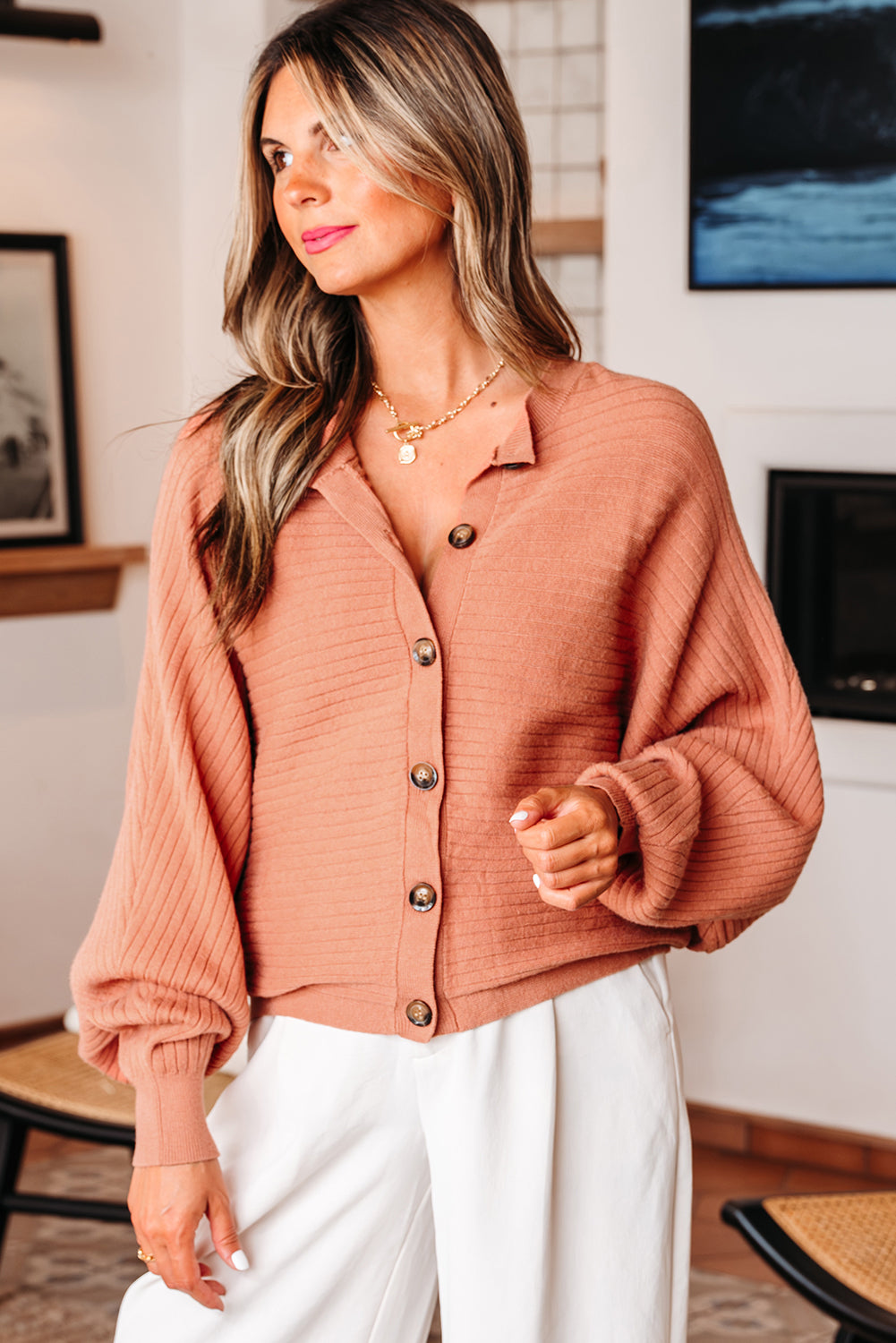 Apricot Pink Wide Rib Knit Button Front Dolman Sleeve Sweater Cardigan 🇺🇲