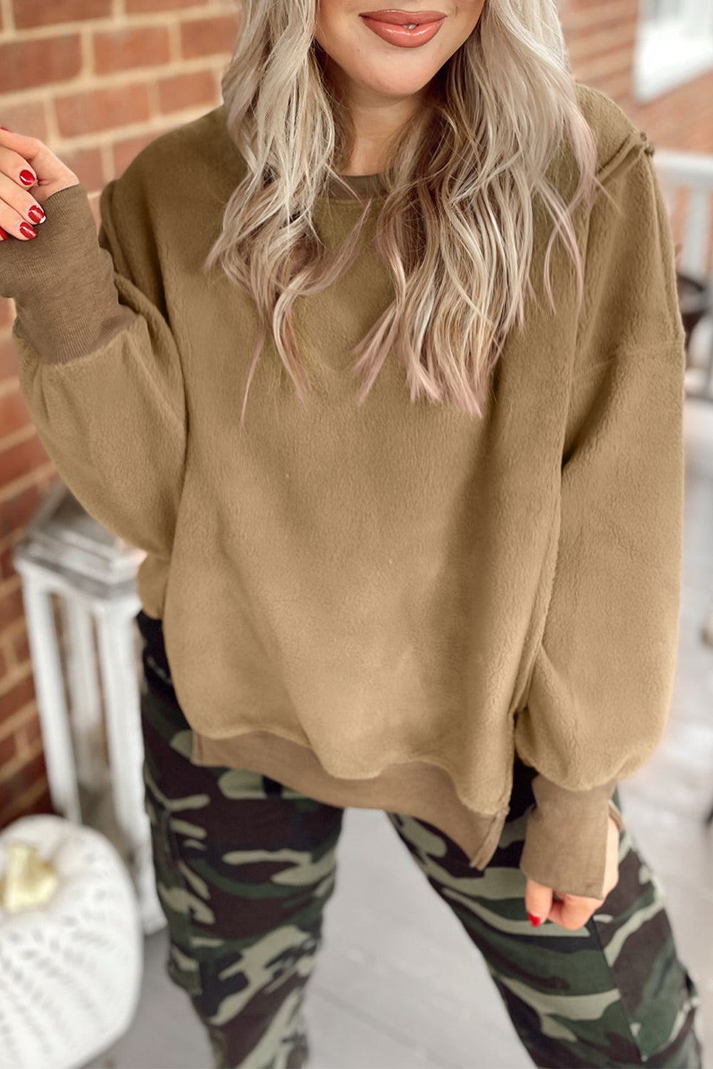 Dark Khaki Fuzzy Sherpa Splicing Pullover Sweatshirt with Side Slit 🇺🇸