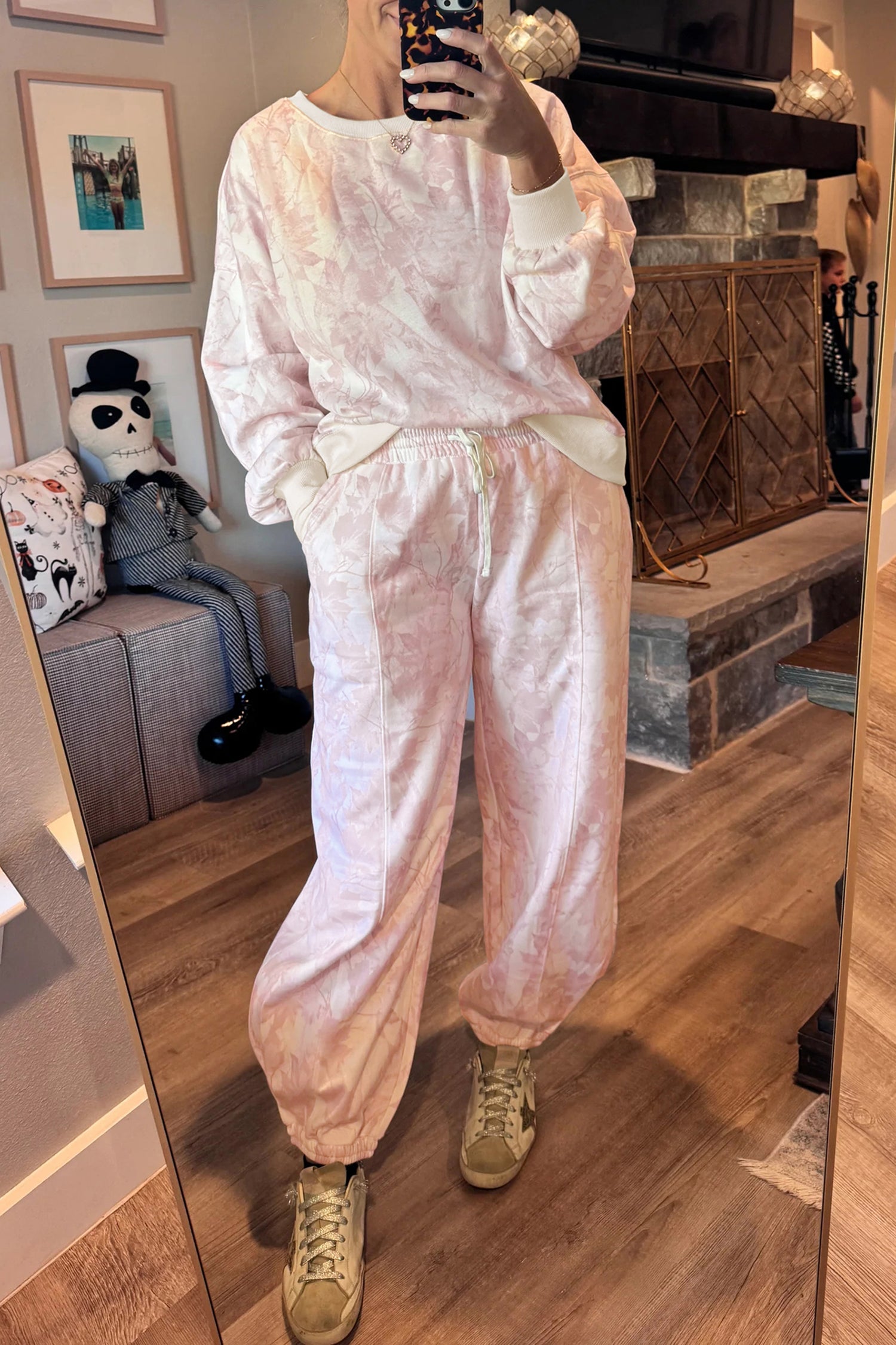 Pink Abstract Print Drop Shoulder Drawstring Waist Drawstring Hem Pant Set 🇺🇸
