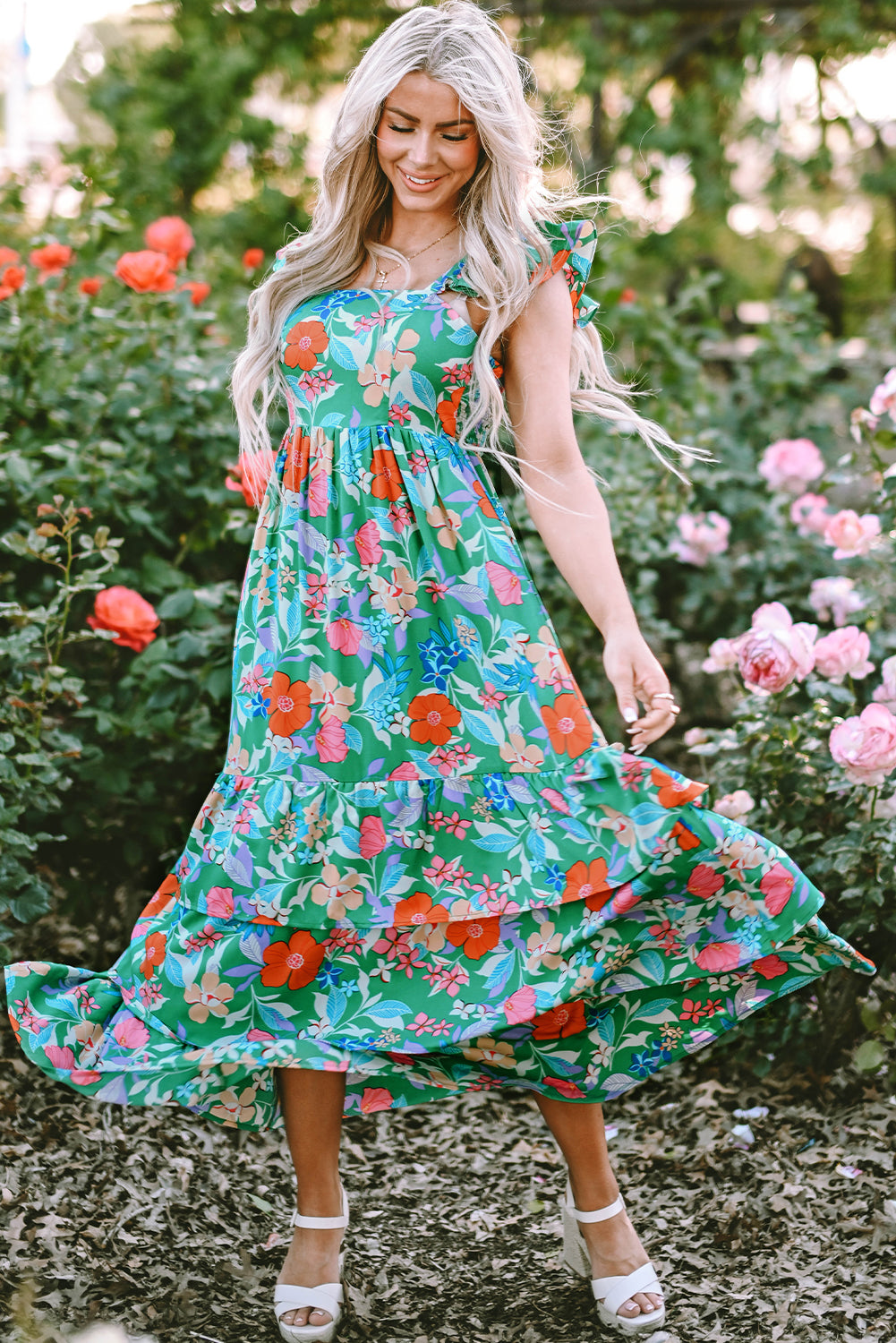 Green Floral Print Sleeveless Ruffle Tiered Maxi Dress 🇺🇸