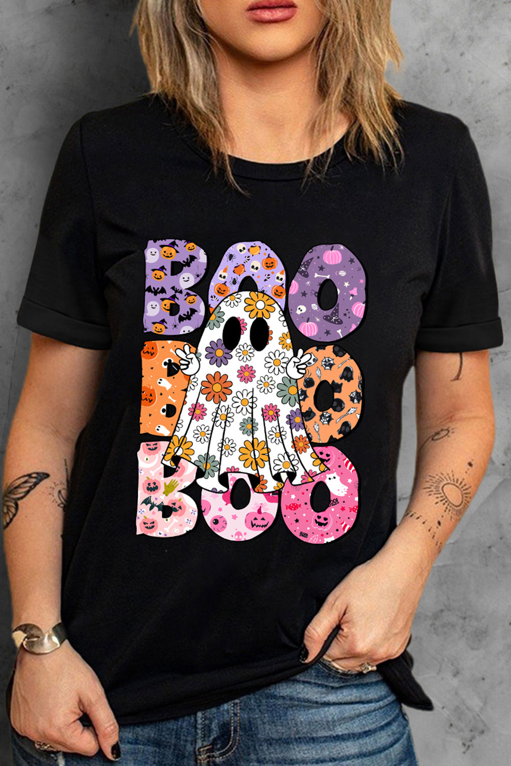 Black BOO Floral Ghost Print Crew Neck Halloween T Shirt 🇺🇲