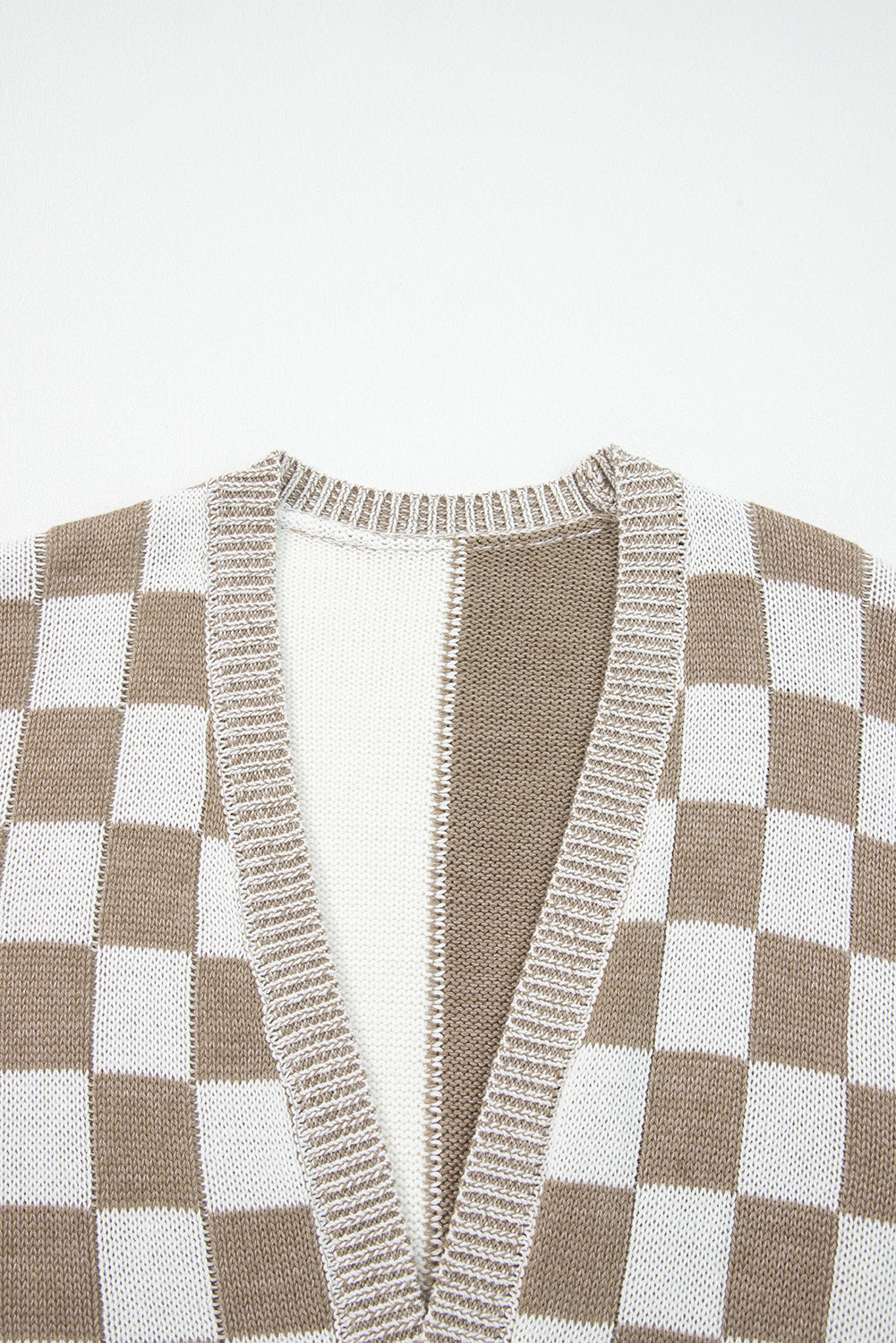 Brown Checkered Open Front Drop Shoulder Cardigan 🇺🇲