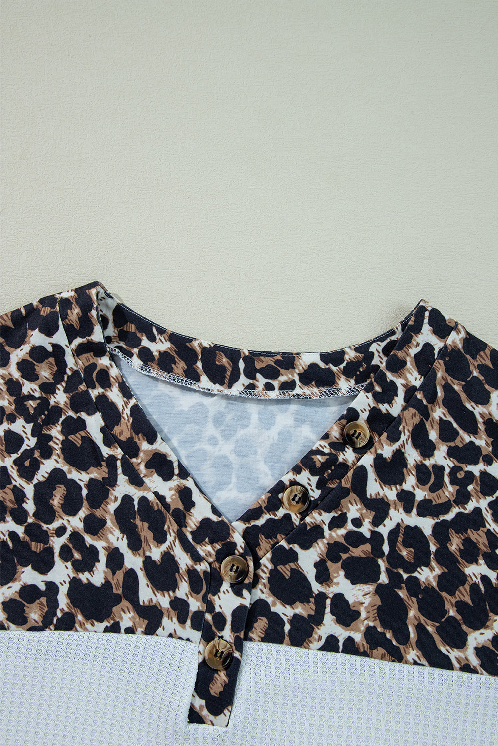 White Leopard Waffle Knit Patchwork Button V Neck Top 🇺🇸