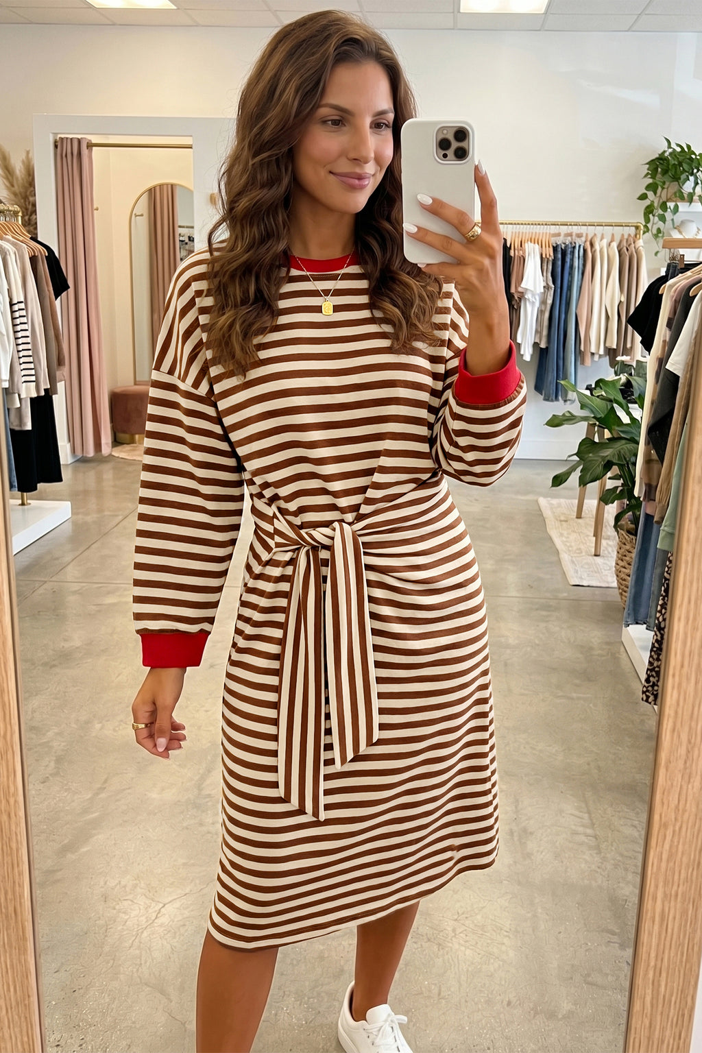Brown Stripe Striped Colorblock Cuffs Round Neck Long Sleeve Shift Dress 🇺🇸
