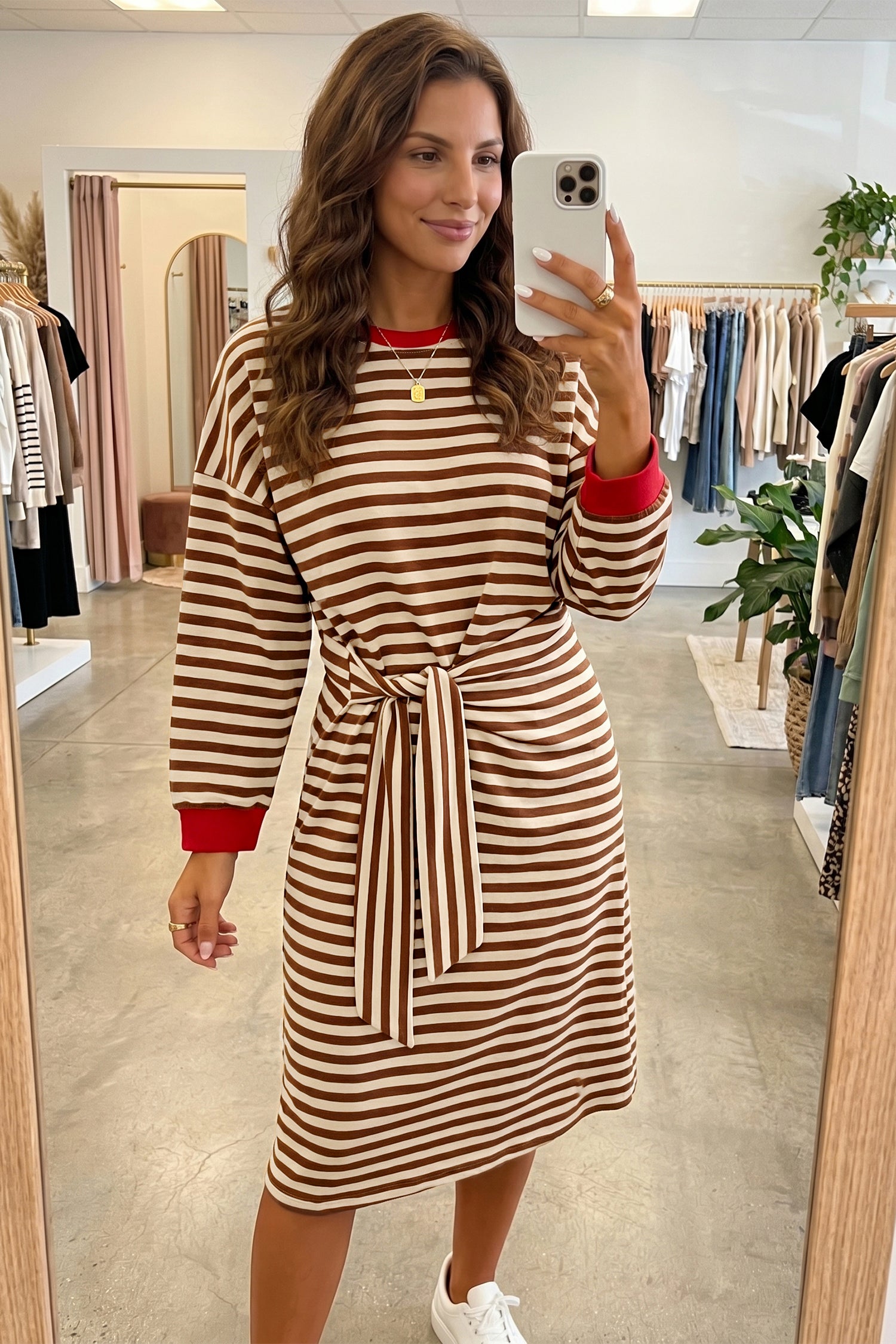 Brown Stripe Striped Colorblock Cuffs Round Neck Long Sleeve Shift Dress 🇺🇸