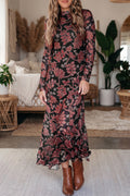 Black Retro Floral Print Long Sleeve Casual Mesh Dress 🇺🇸