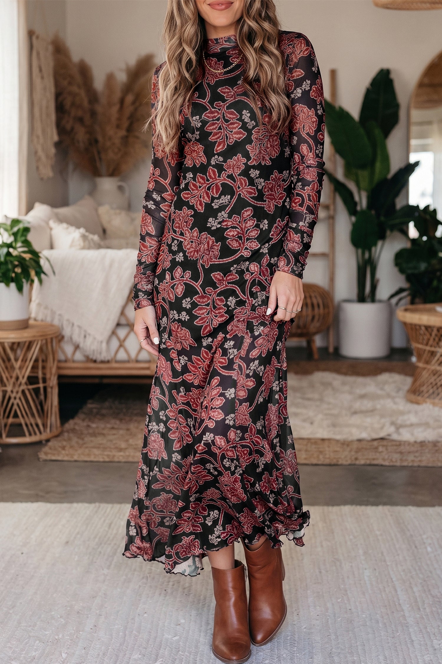 Black Retro Floral Print Long Sleeve Casual Mesh Dress 🇺🇸