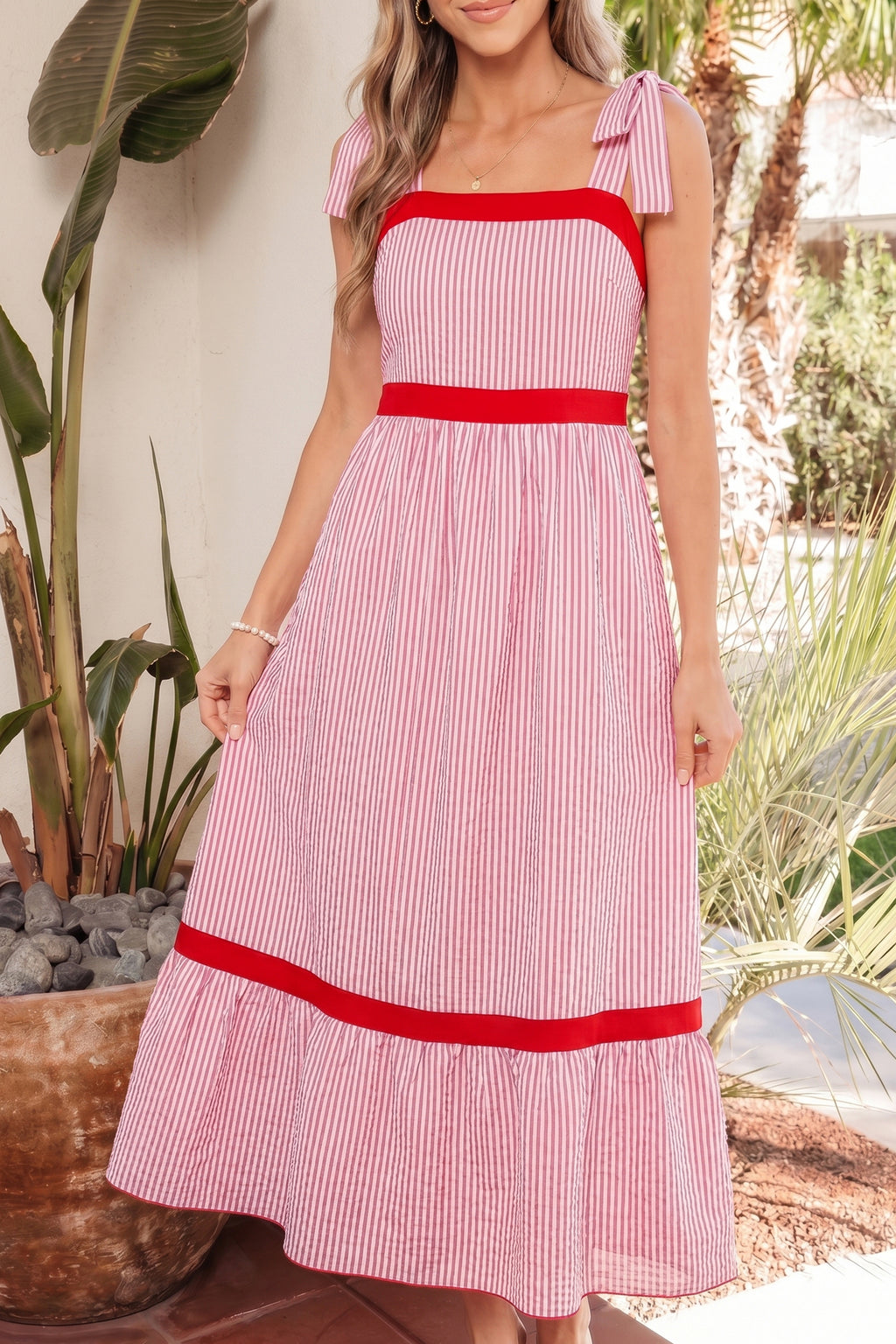 Red Stripe Bow Knot Straps Contrast Trim High Waist Ruffle Hem Maxi Dress 🇺🇸