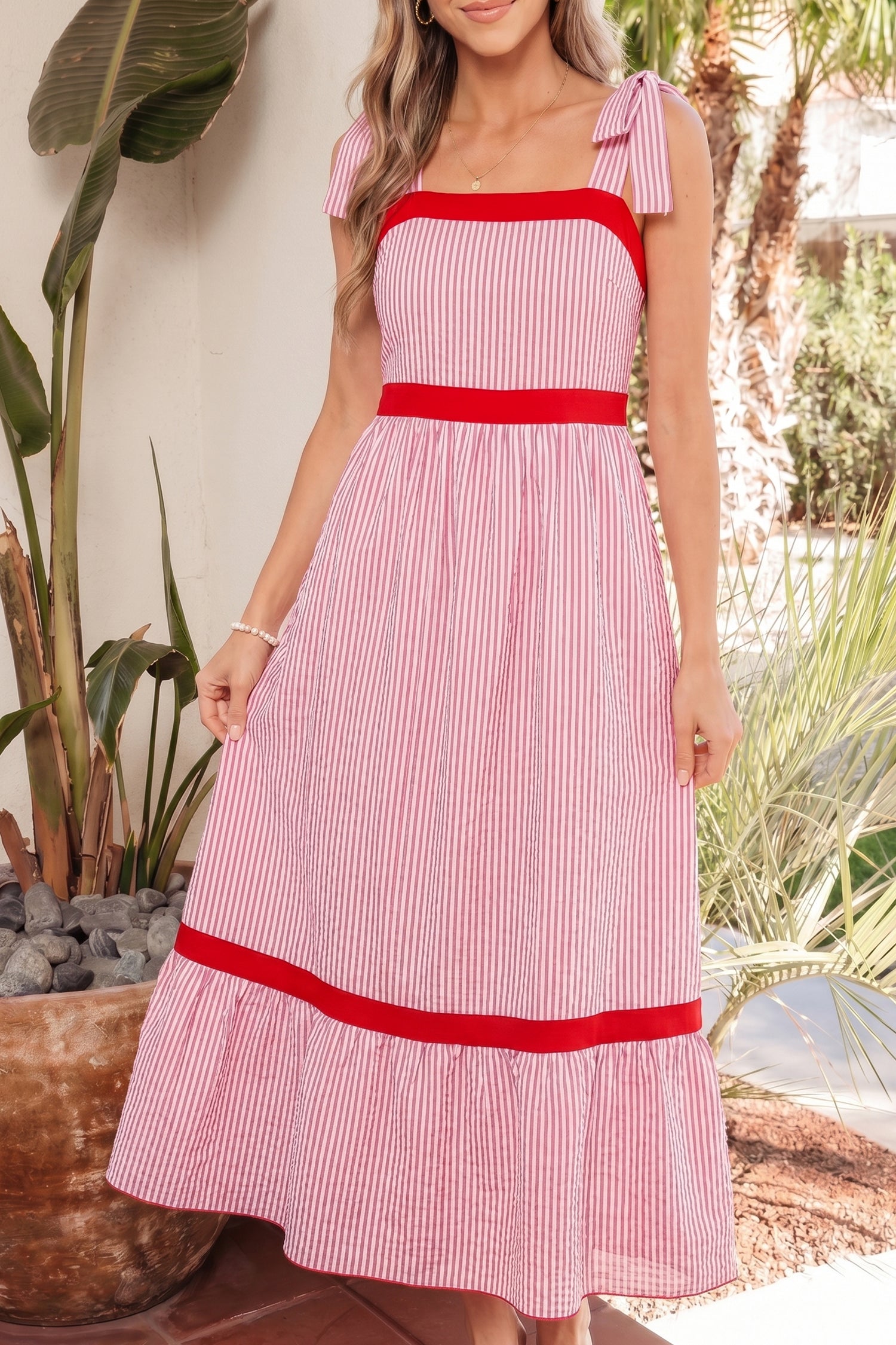 Red Stripe Bow Knot Straps Contrast Trim High Waist Ruffle Hem Maxi Dress 🇺🇸