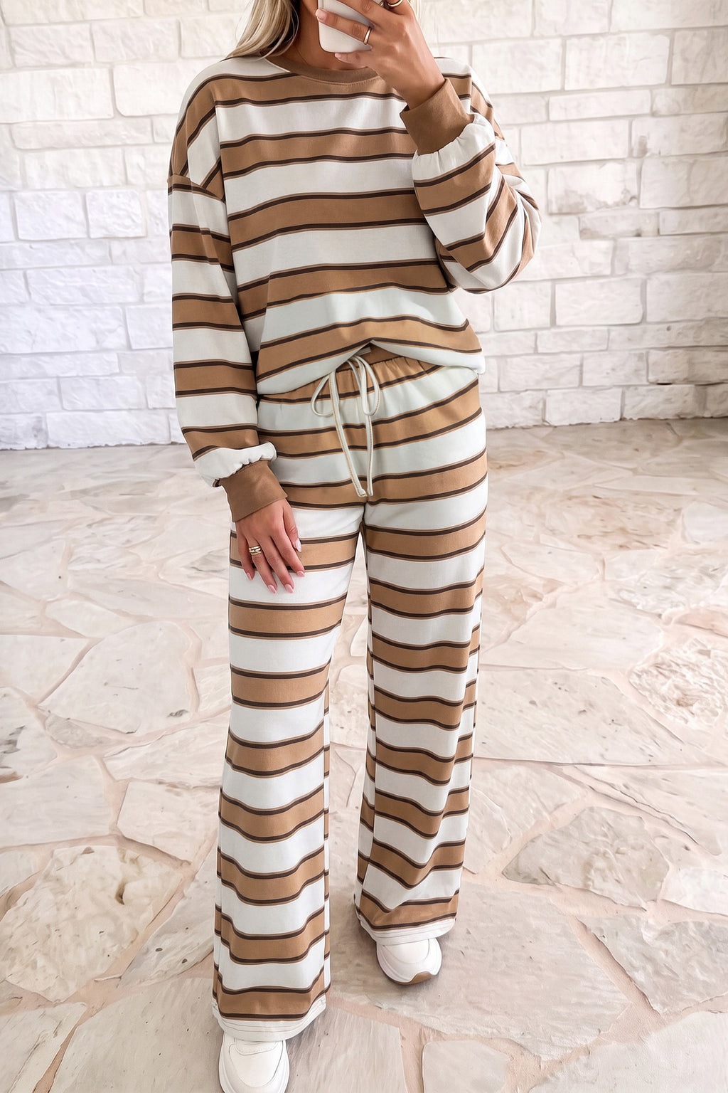 Khaki Stripe Contrast Trim Patchwork Casual Two-Piece Pants Set 🇺🇸