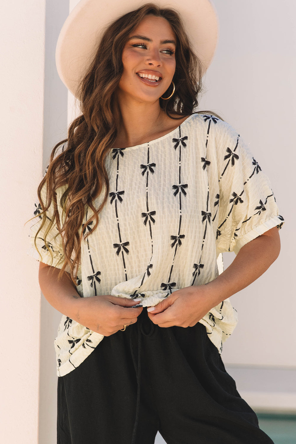 Beige Bow Print Puff Short Sleeve Top 🇺🇸