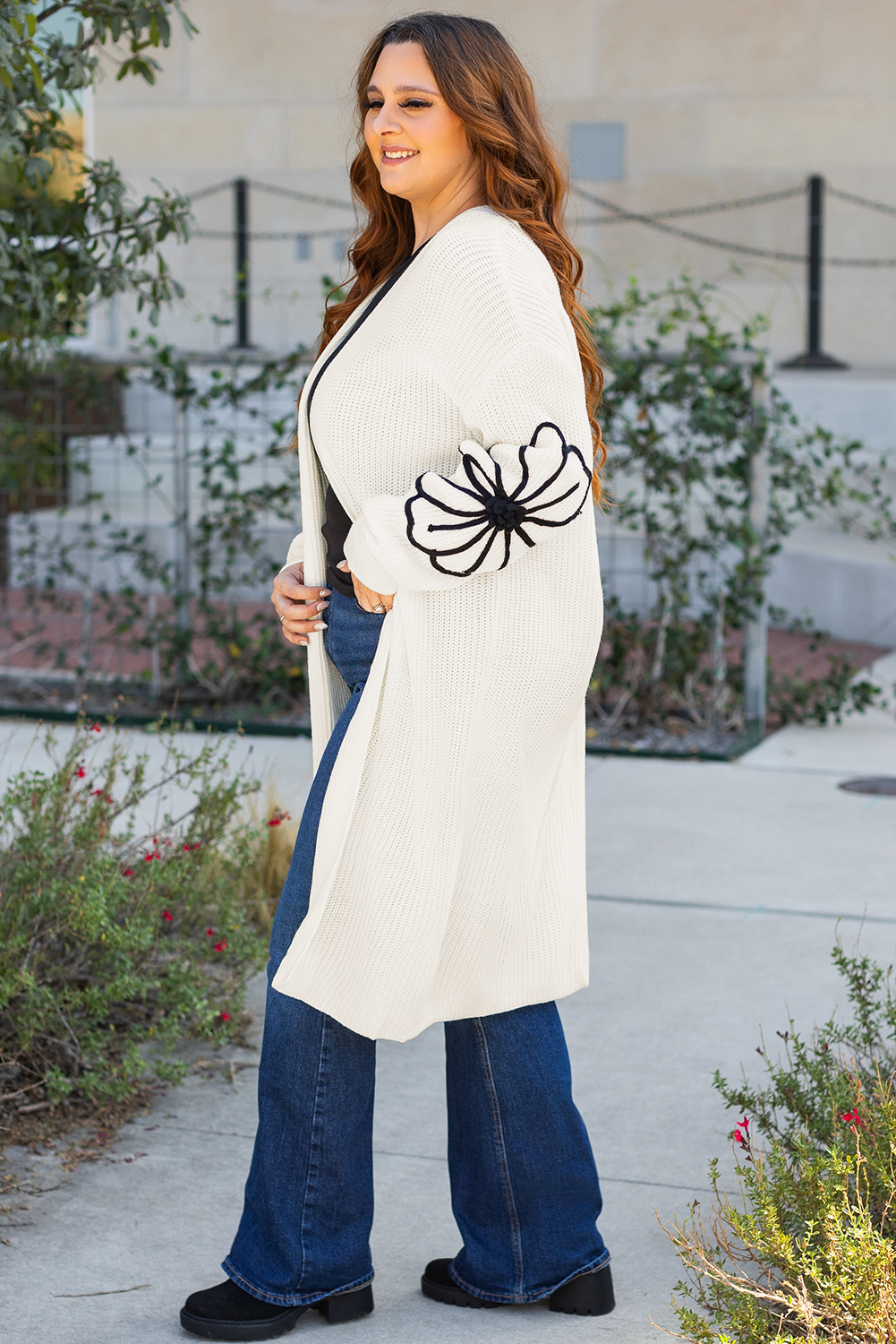 Beige Flower Embroidered Drop Shoulder Open Front Duster Cardigan 🇨🇳