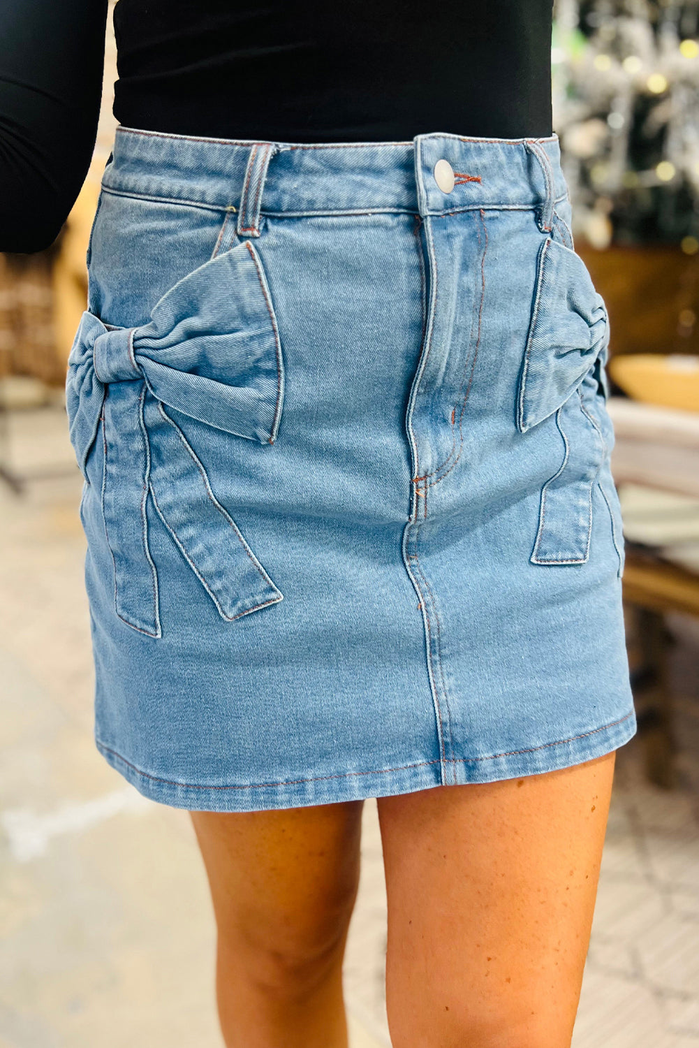 Dusk Blue Acid Wash Bowknot Details High Waist Denim Skirt 🇨🇳