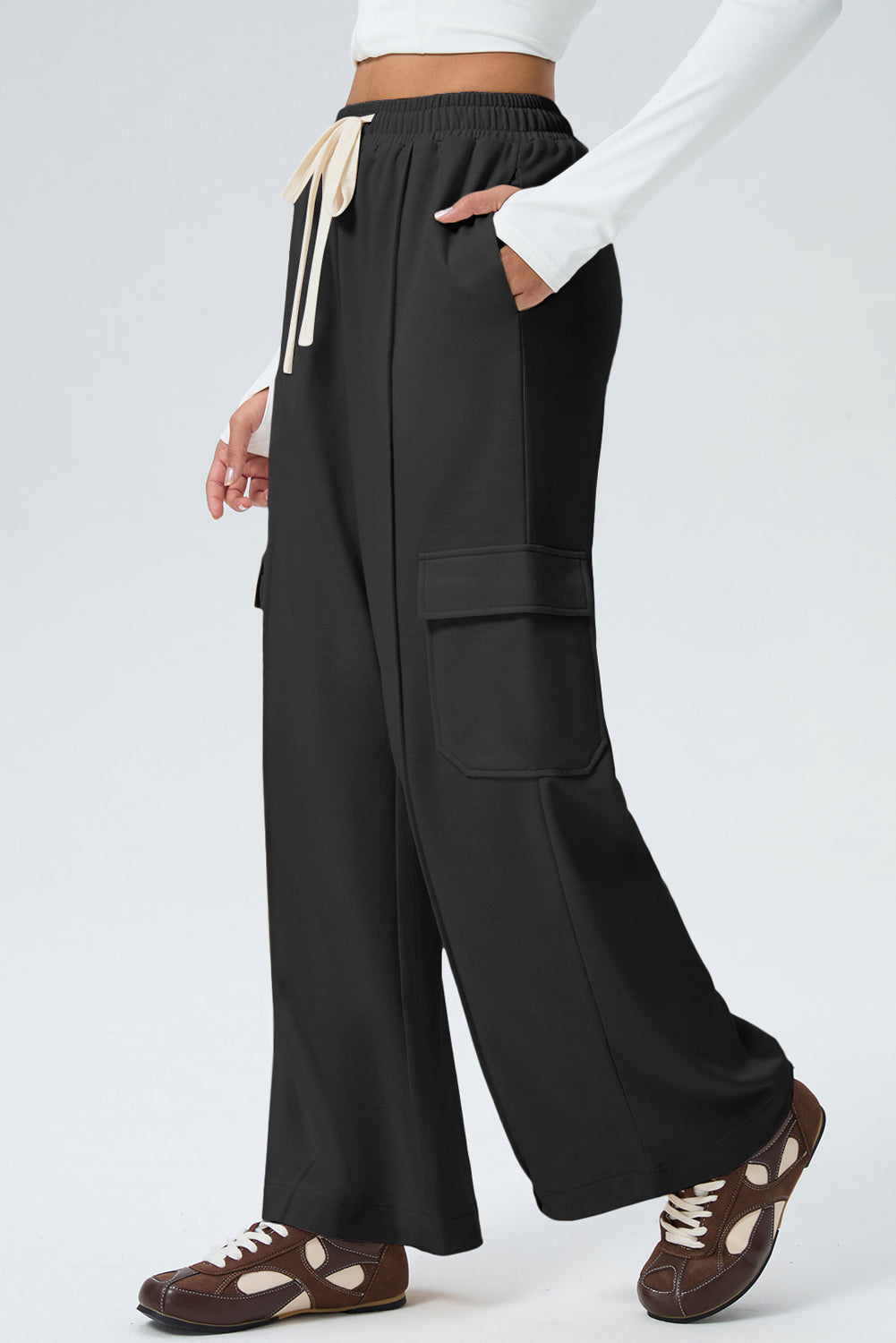 Black Solid Color Drawstring Elastic Waist Cargo Patch Pocket Active Pants 🇺🇸