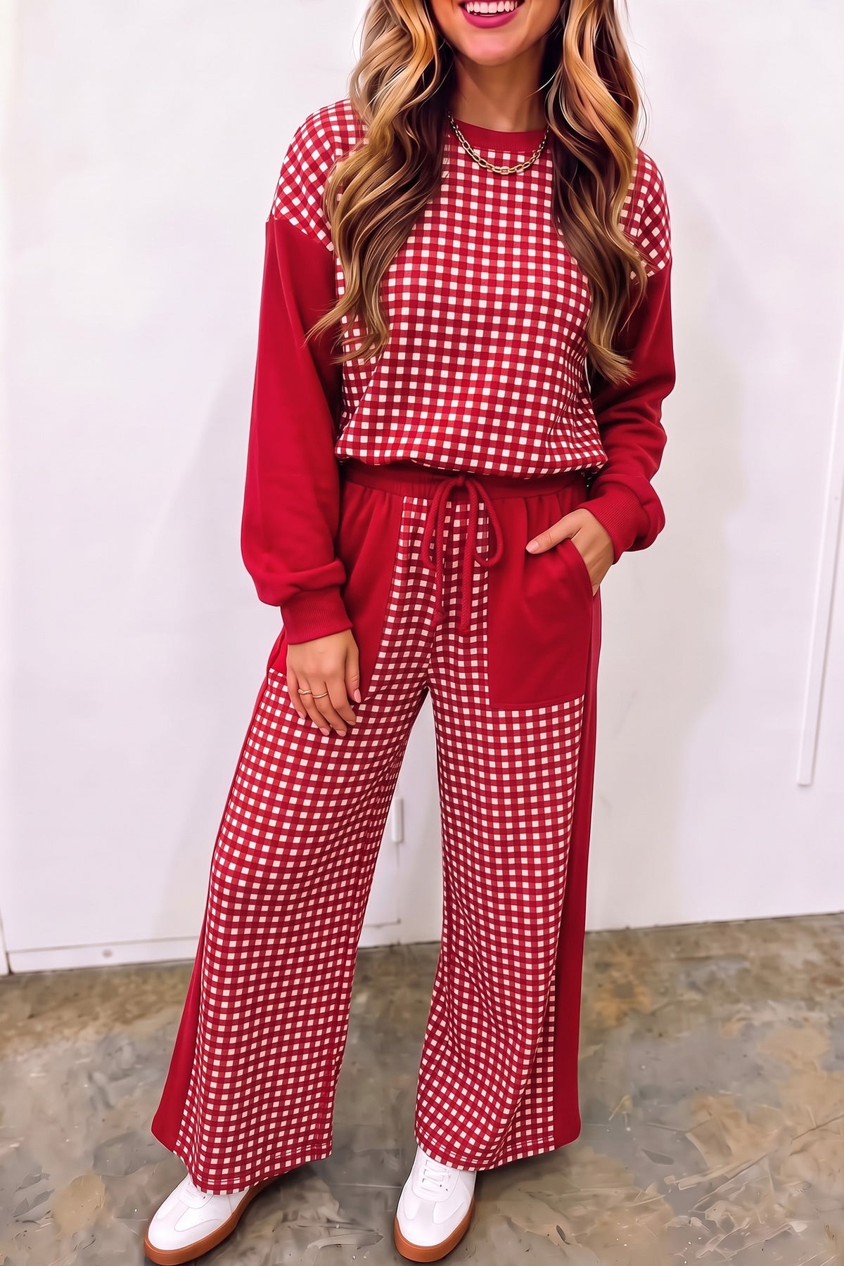 Khaki Color Block Plaid Patchwork Long Sleeve Pullover Wide Leg Pant Set 🇺🇸