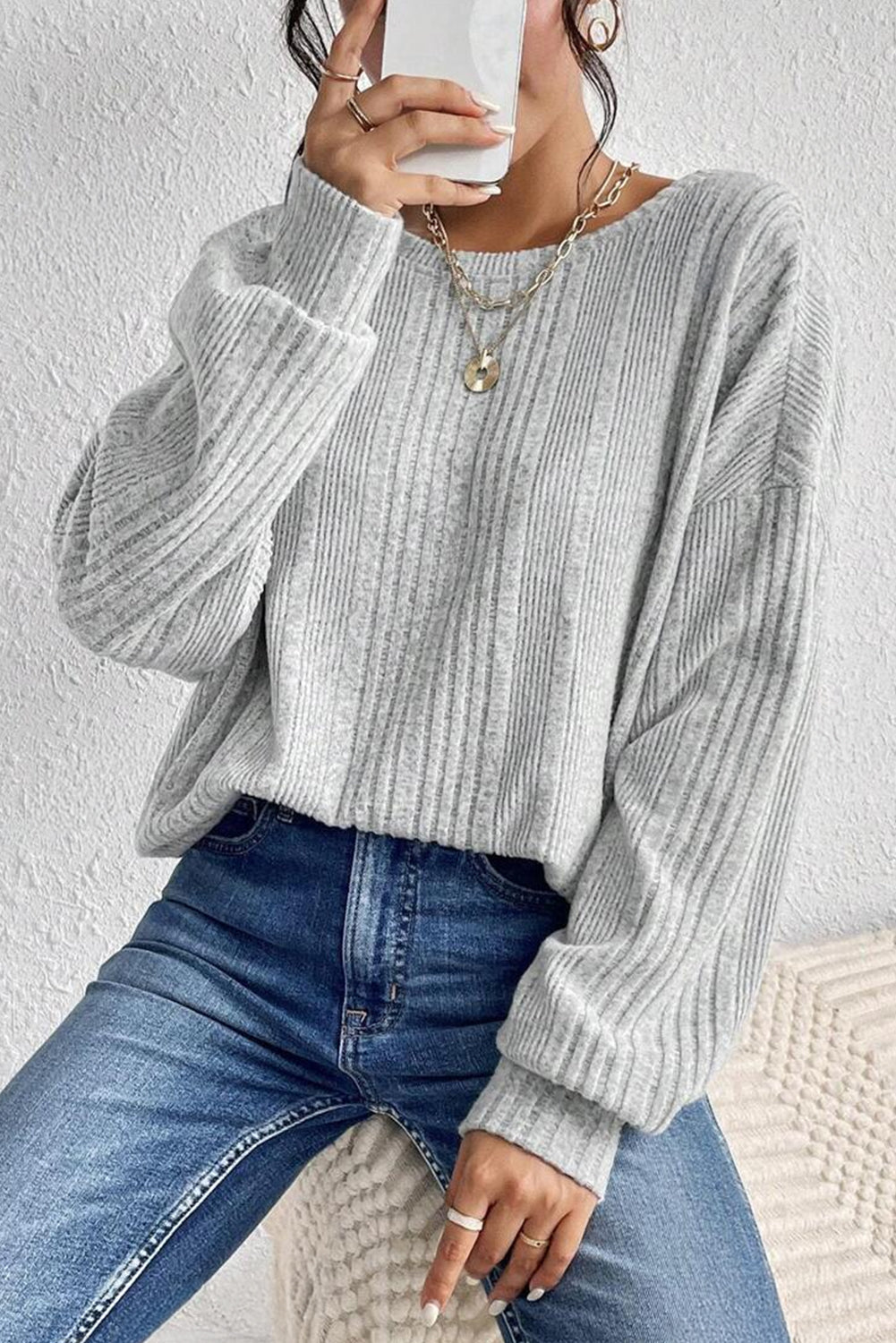 Light Grey Textured Crossover Backless Knit Long Sleeve Top 🇺🇲
