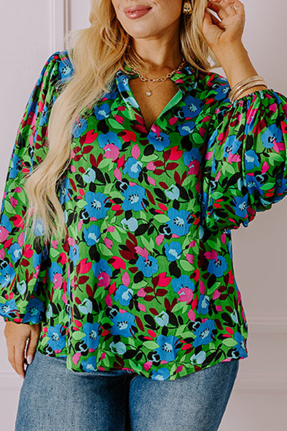 Green Plus Size Floral Bubble Sleeve V Neck Blouse 🇺🇸