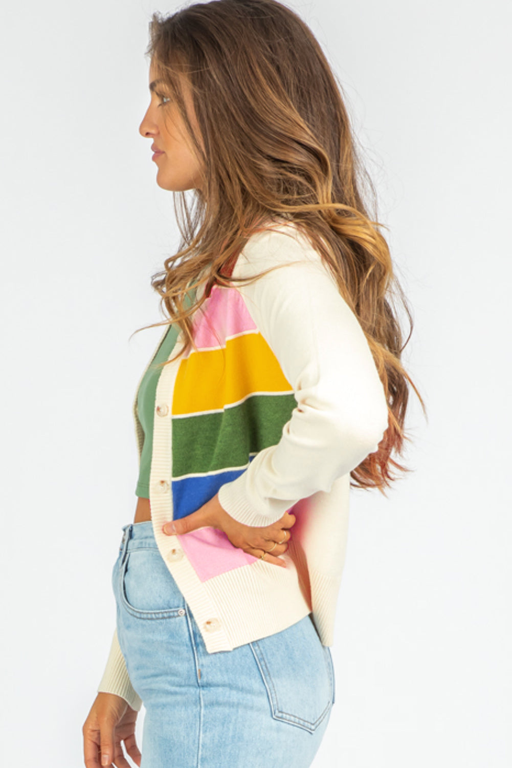 White Stripe Colorful Pattern Button Front Sweater Cardigan 🇨🇳