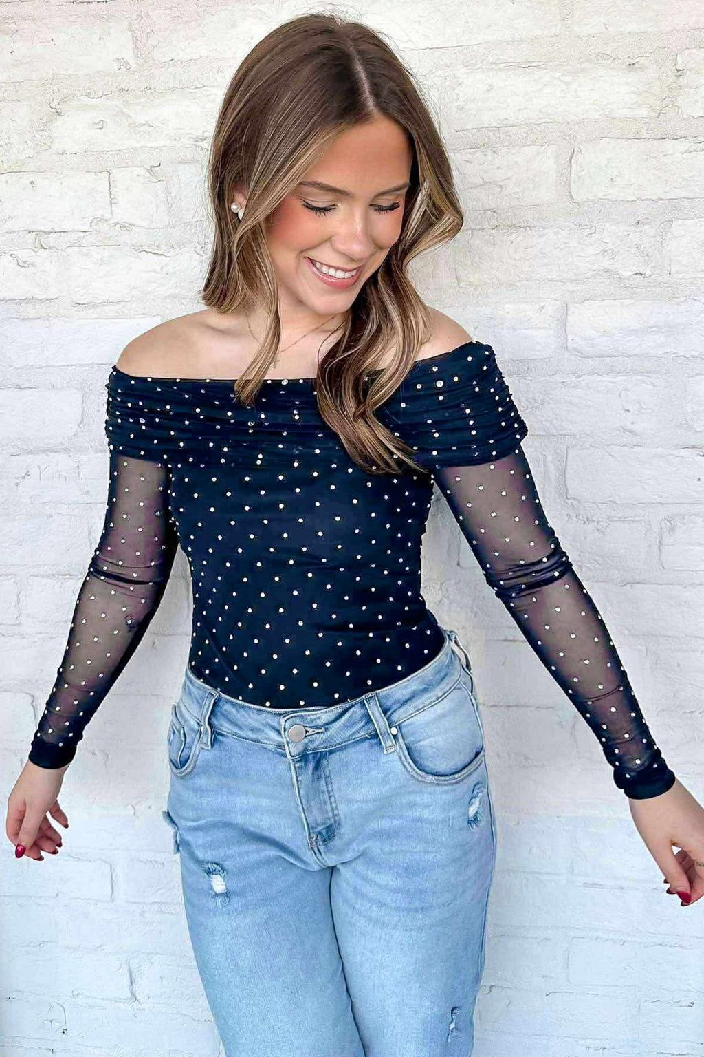 Blue Off Shoulder Polka Dot Mesh Long Sleeve Sheath Top 🇺🇸