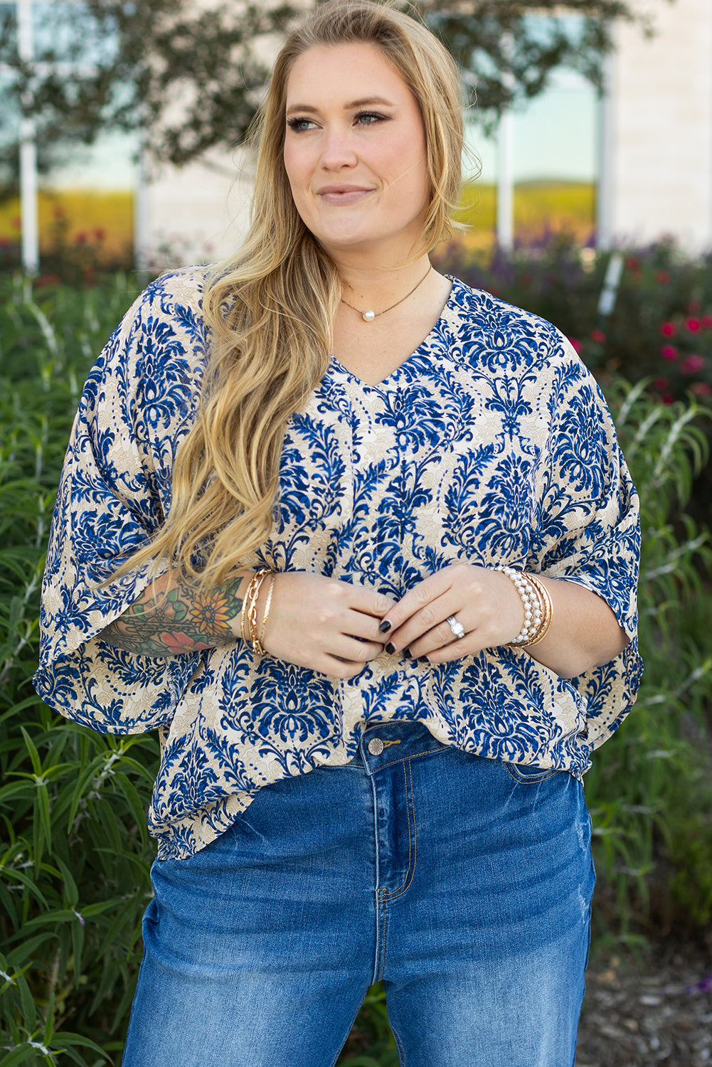 Blue Plus Size Ethnic Printed 3/4 Sleeve V Neck Loose Blouse 🇨🇳