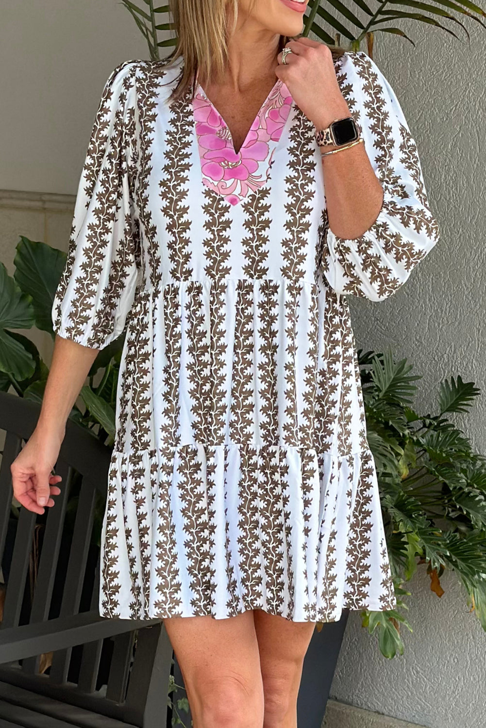 Black Contrast Floral V Neck Printed Bracelet Sleeve Dress 🇨🇳