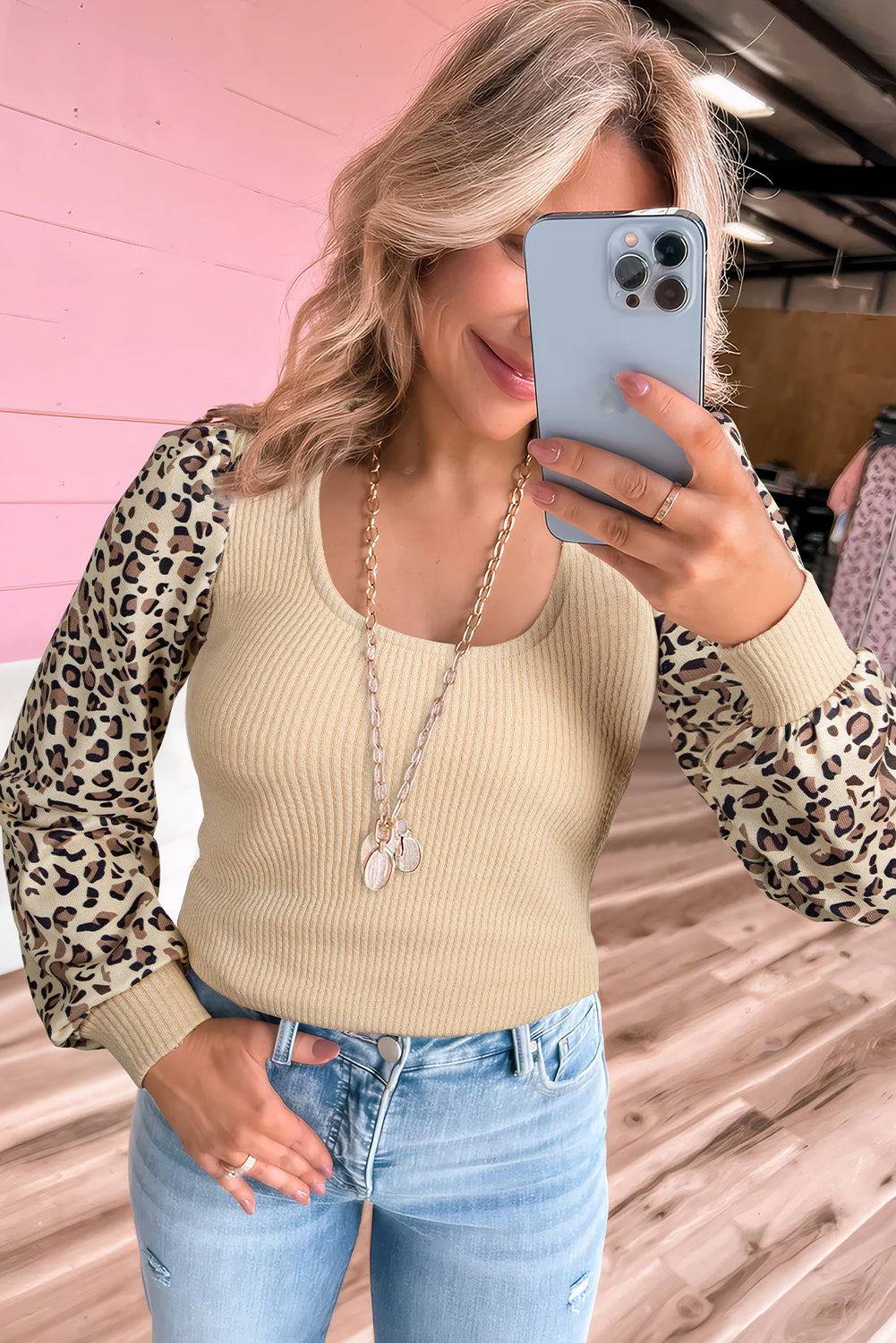 Apricot Leopard Sleeve Patchwork Ribbed Knit U Neck Top 🇺🇸