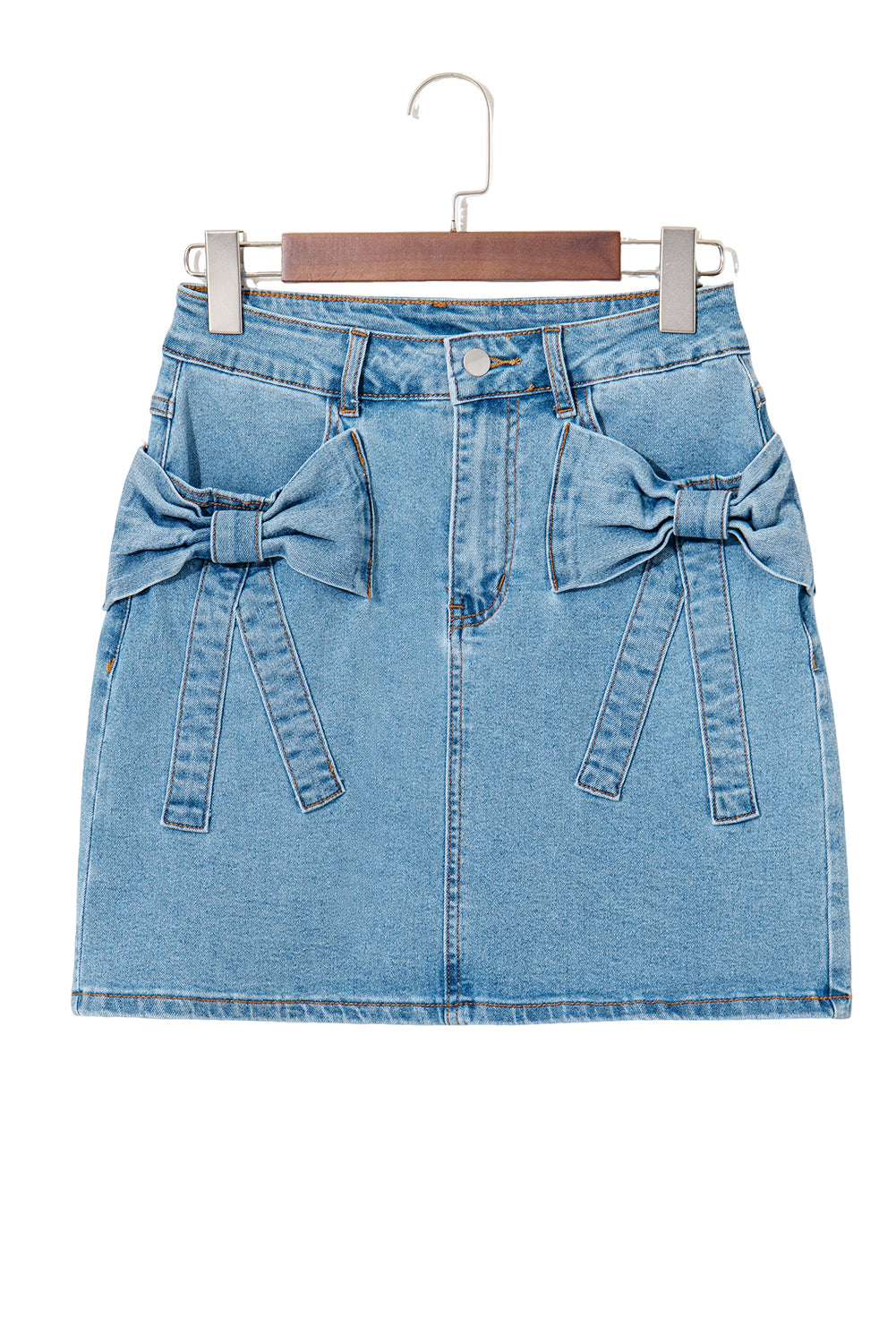 Dusk Blue Acid Wash Bowknot Details High Waist Denim Skirt 🇨🇳