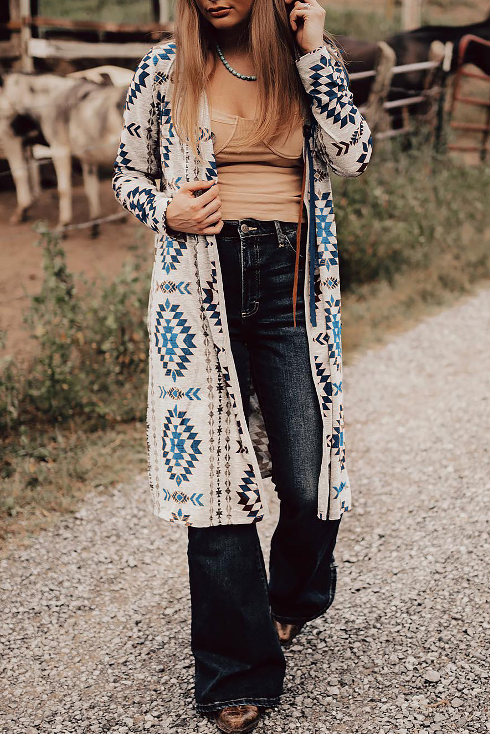 Sky Blue Western Aztec Printed Open Front Long Cardigan 🇺🇲