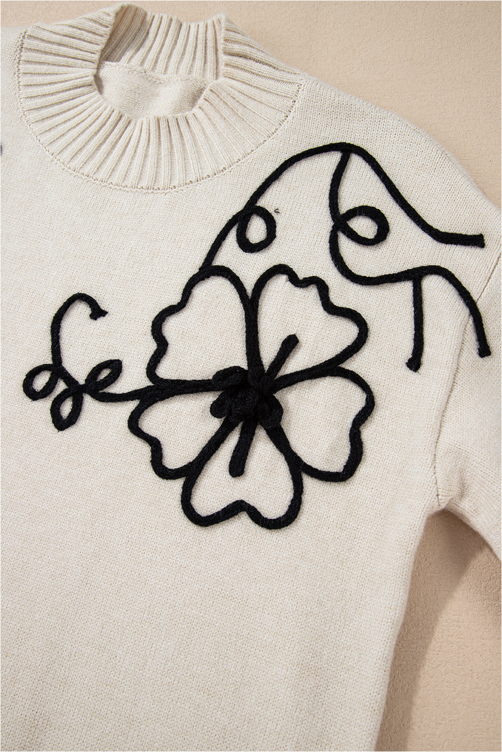 Beige Flower Stitching Mock Neck Sweater 🇺🇸