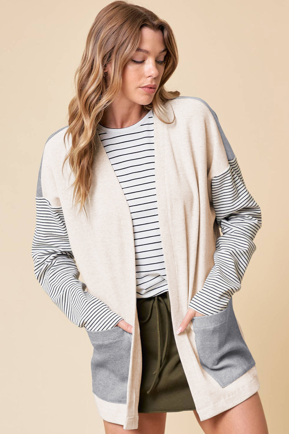 Black Stripe Colorblock Patchwork Open Front Cardigan with Pocket 🇺🇲