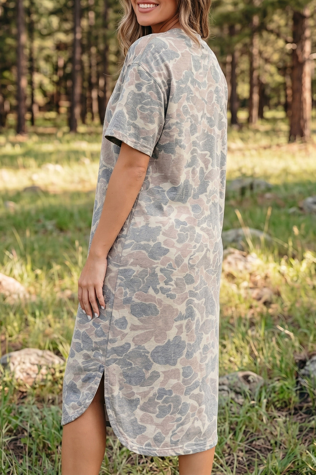 Multicolour Camouflage Print Short Sleeve Drop Shoulder Side Slit Casual Dress 🇺🇸