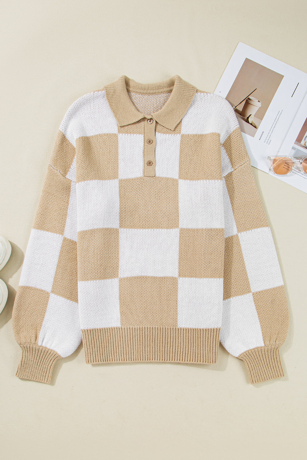 Light French Beige Checkered Pattern Polo Collar Loose Sweater  🇺🇸