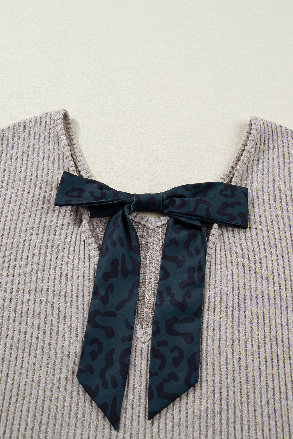 Simply Taupe Ribbed V Neck Contrast Ribbon Bow Back Drop Shoulder Long Sleeve Top 🇺🇸