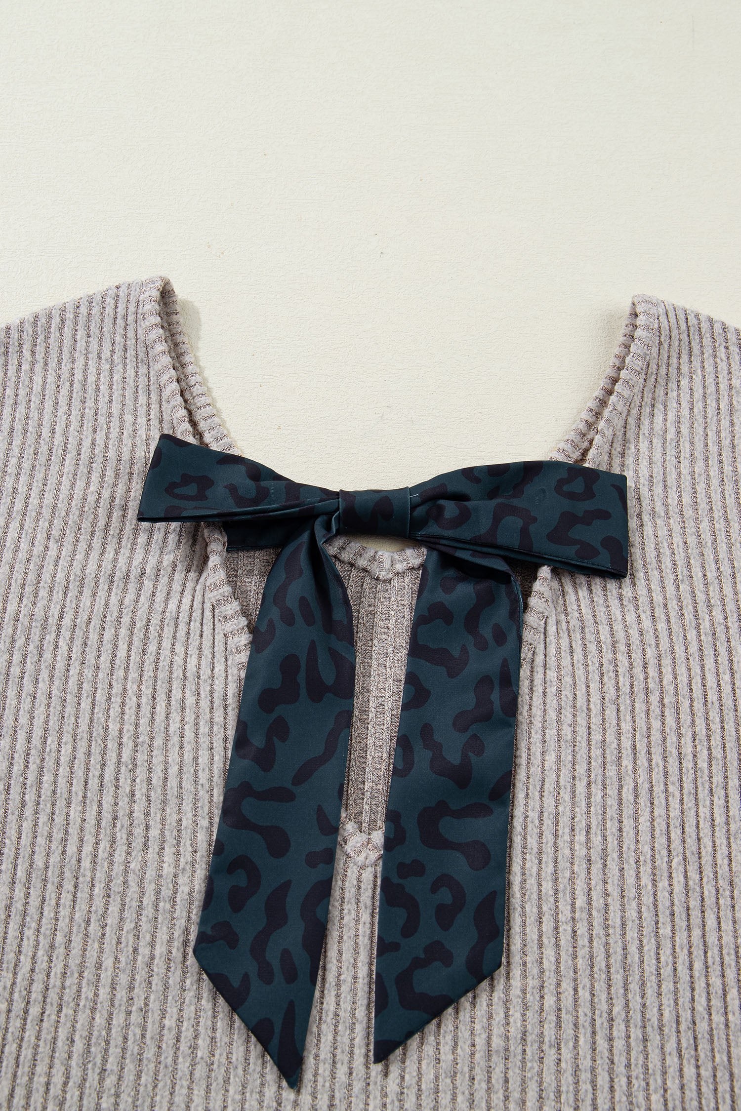 Simply Taupe Ribbed V Neck Contrast Ribbon Bow Back Drop Shoulder Long Sleeve Top 🇺🇸