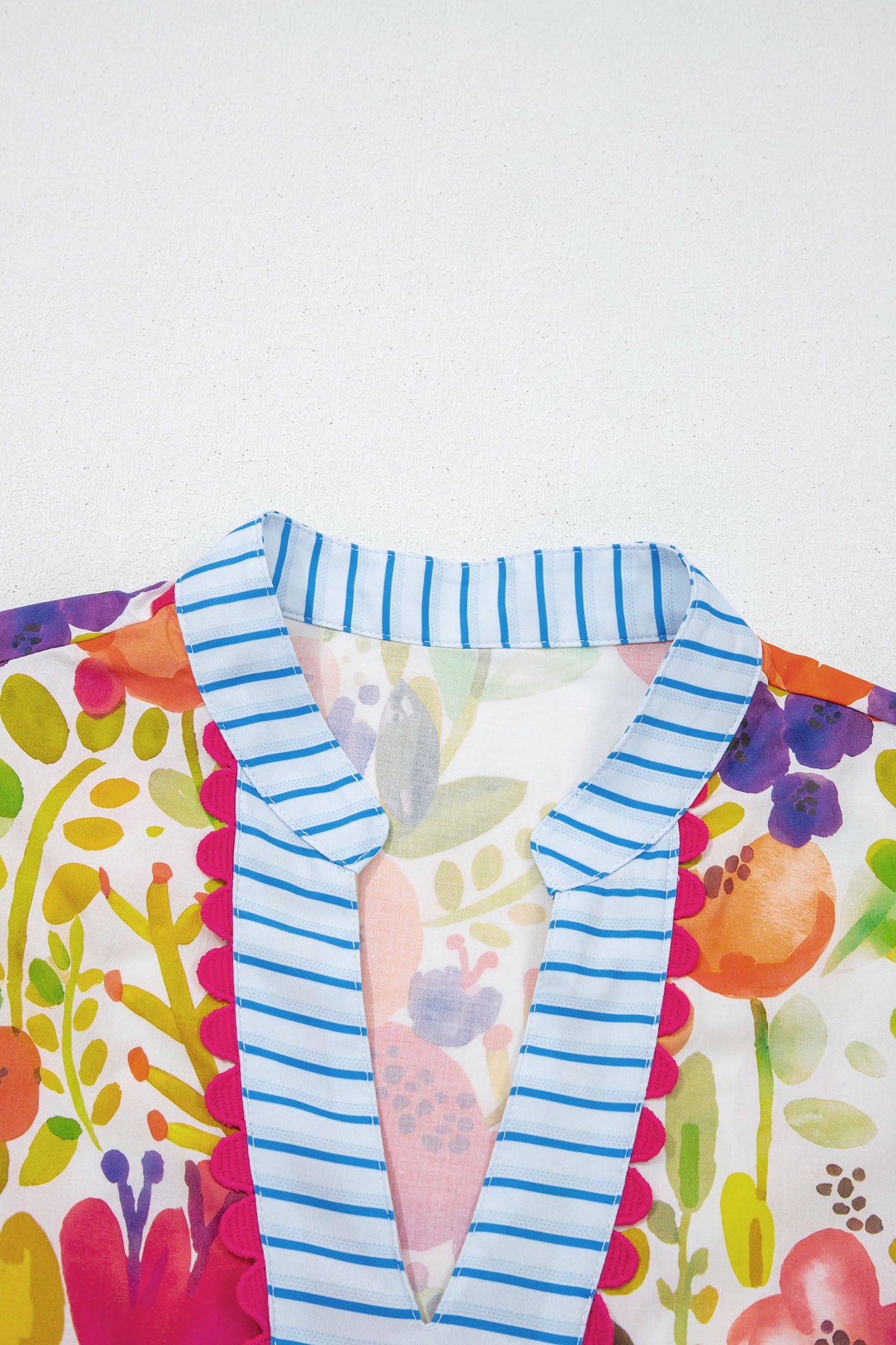Rose Bright Floral Print Ricrac Trim Striped Patchwork V Neck Dress 🇺🇸