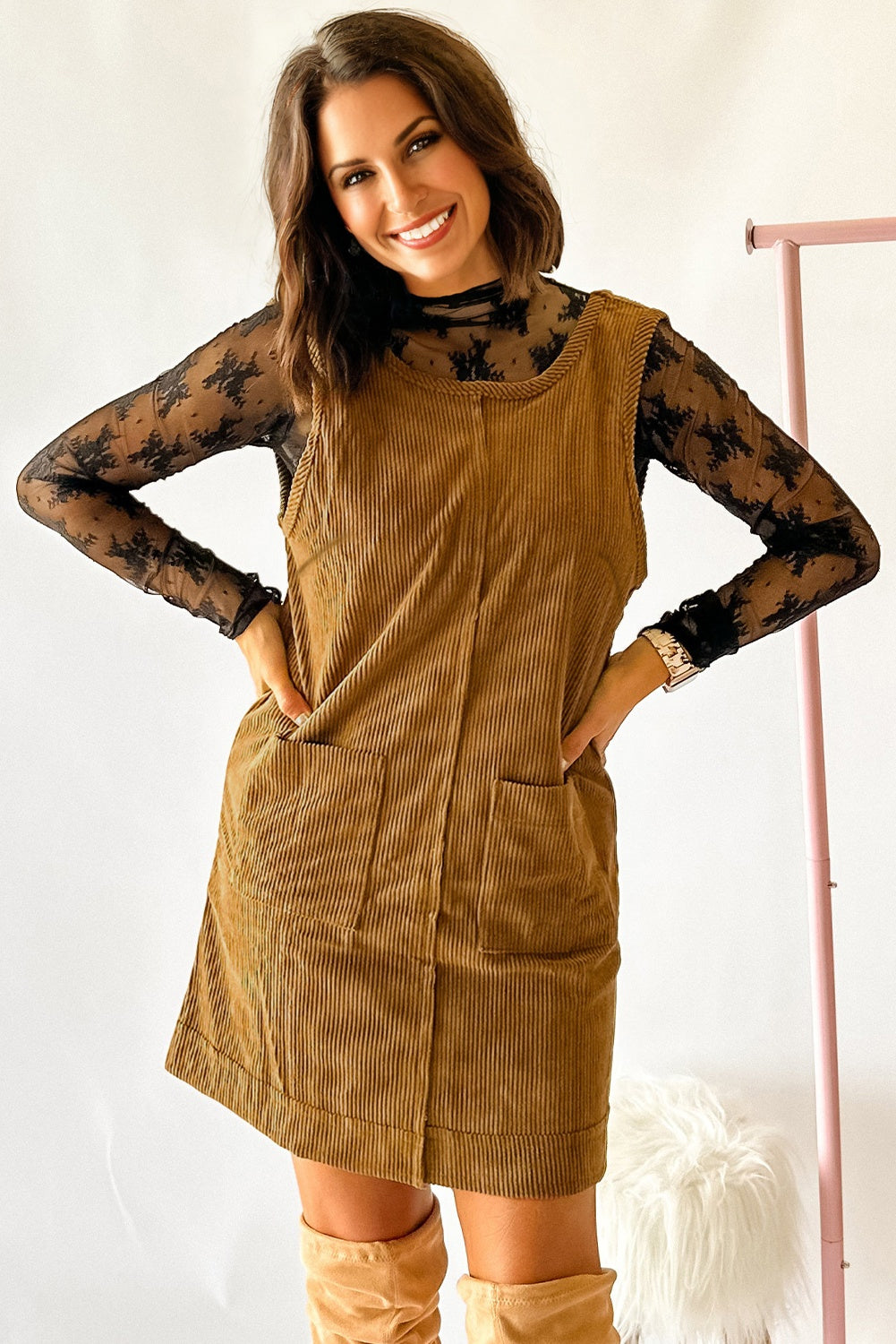Beige Corduroy Sleeveless Mini Dress With Patched Pockets 🇺🇸