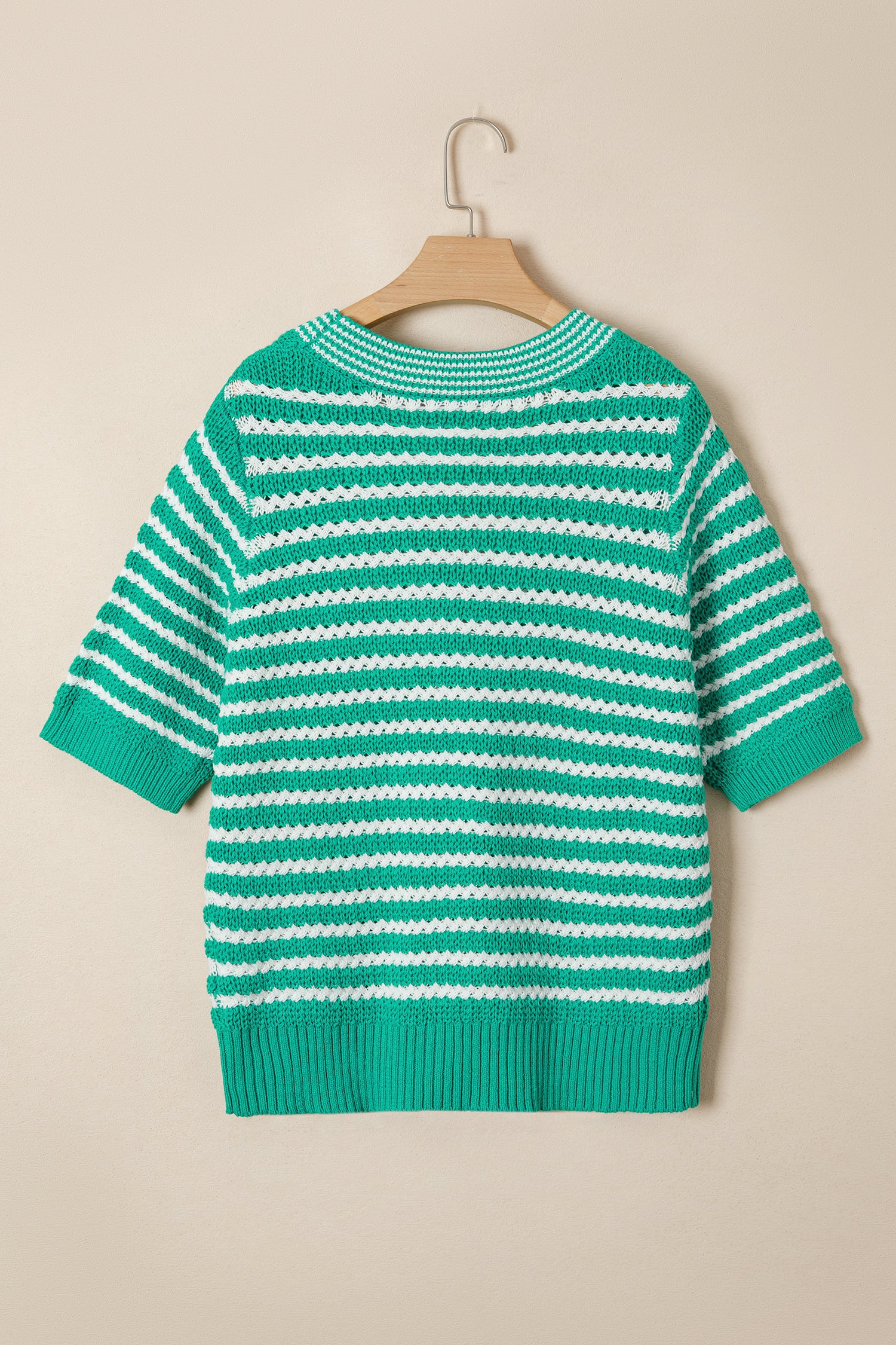 Green Stripe Short Sleeve Knit V Neck Bow Knot Sweater 🇺🇸