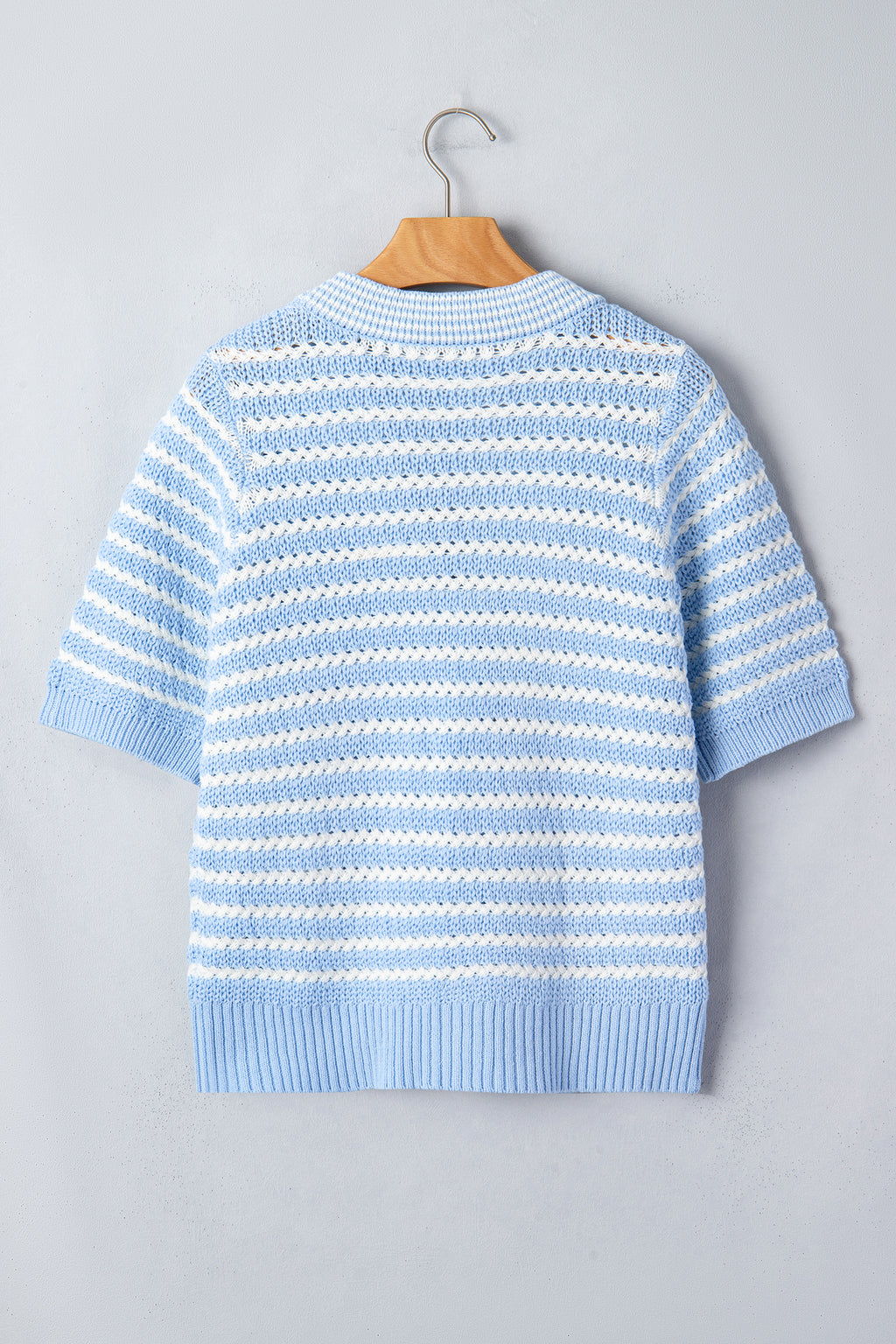 Sky Blue Stripe Short Sleeve Knit V Neck Bow Knot Sweater 🇺🇸