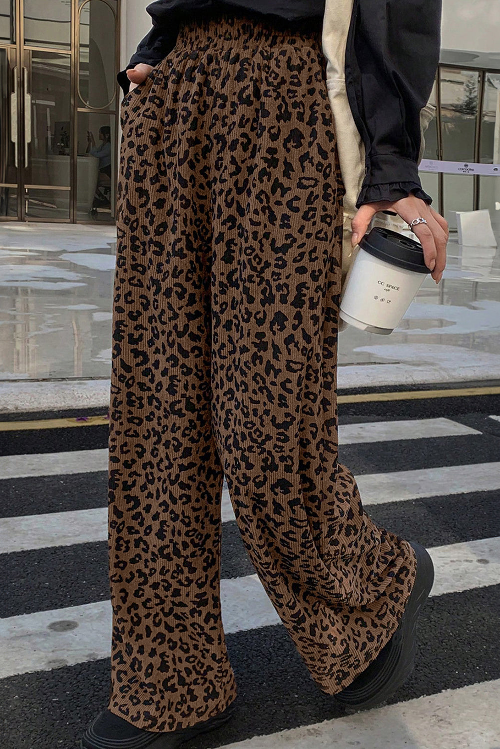 Dark Brown Leopard Print Elastic High Waist Loose Corduroy Pants 🇺🇸