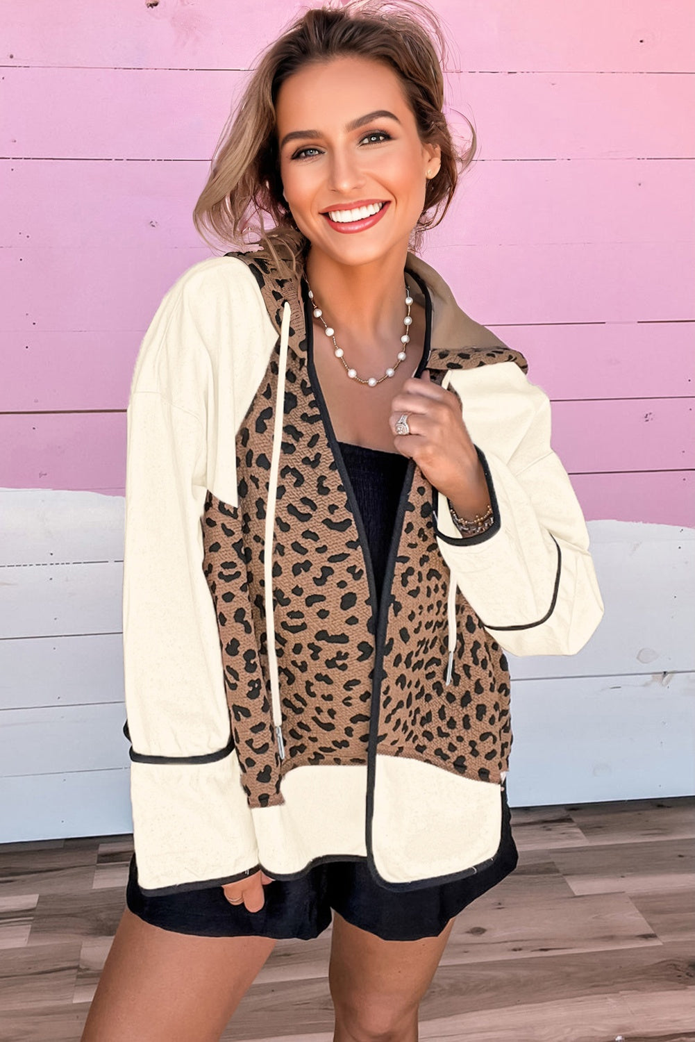 Brown Leopard Star Hooded Patchwork Contrast Piping Open Front Jacket 🇺🇸