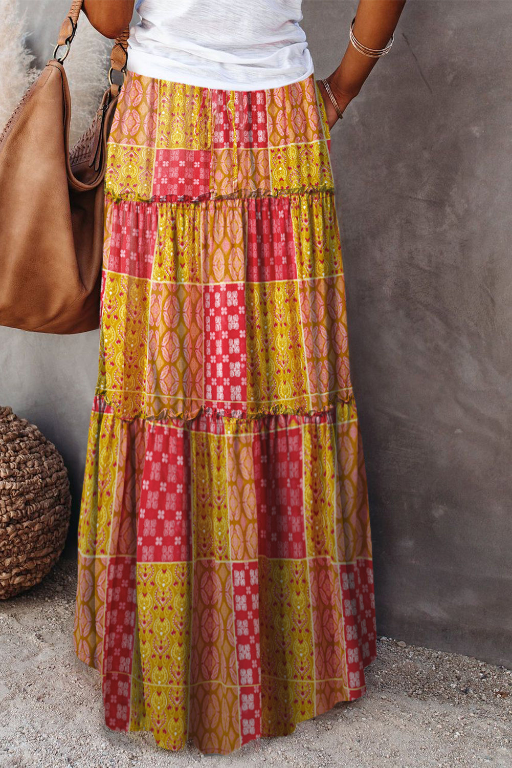 Orange Tiered Paisley Print Pocketed Maxi Skirt 🇺🇸